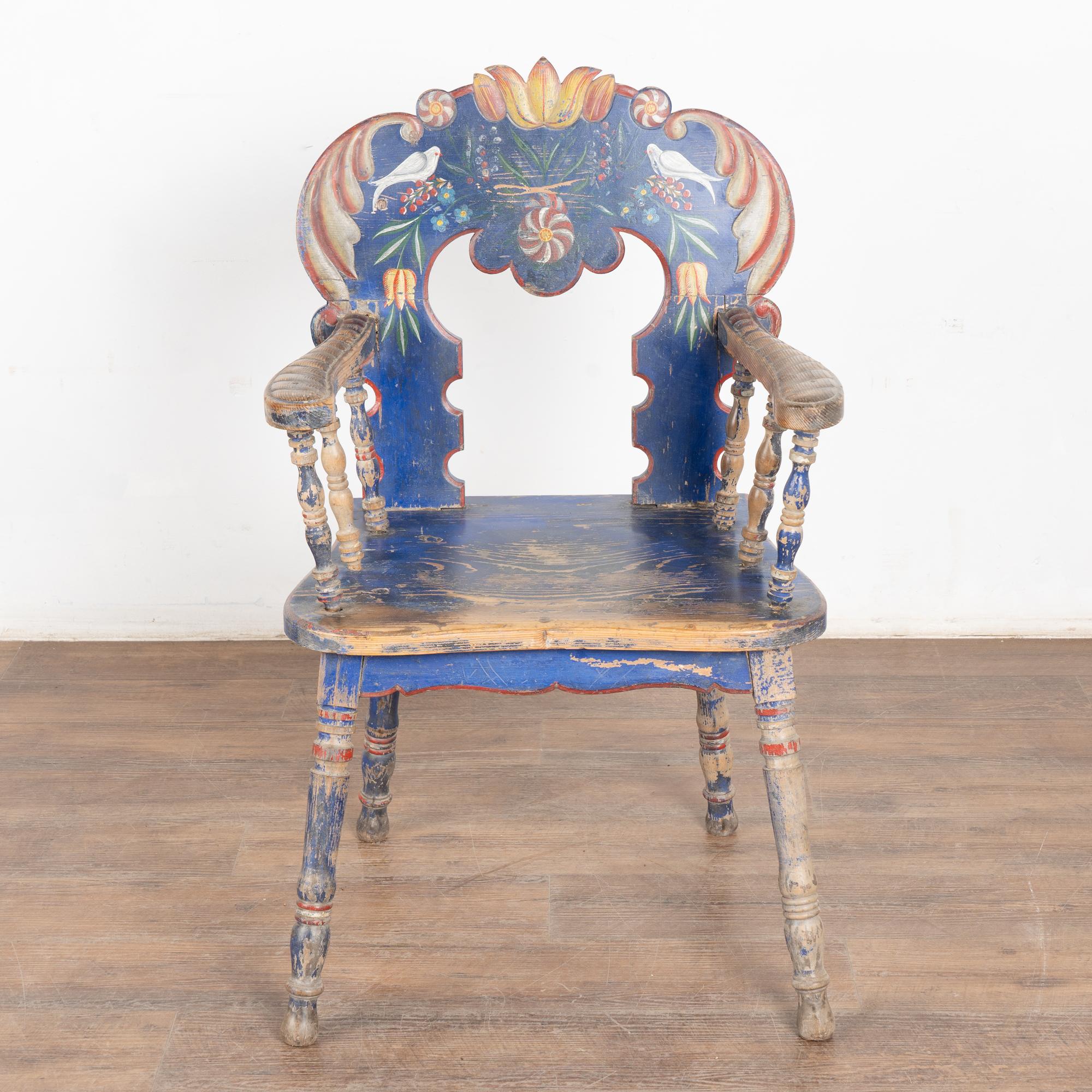 Folk Art Original Hand Painted Blue Pine Armchair with Doves, circa 1890-1910