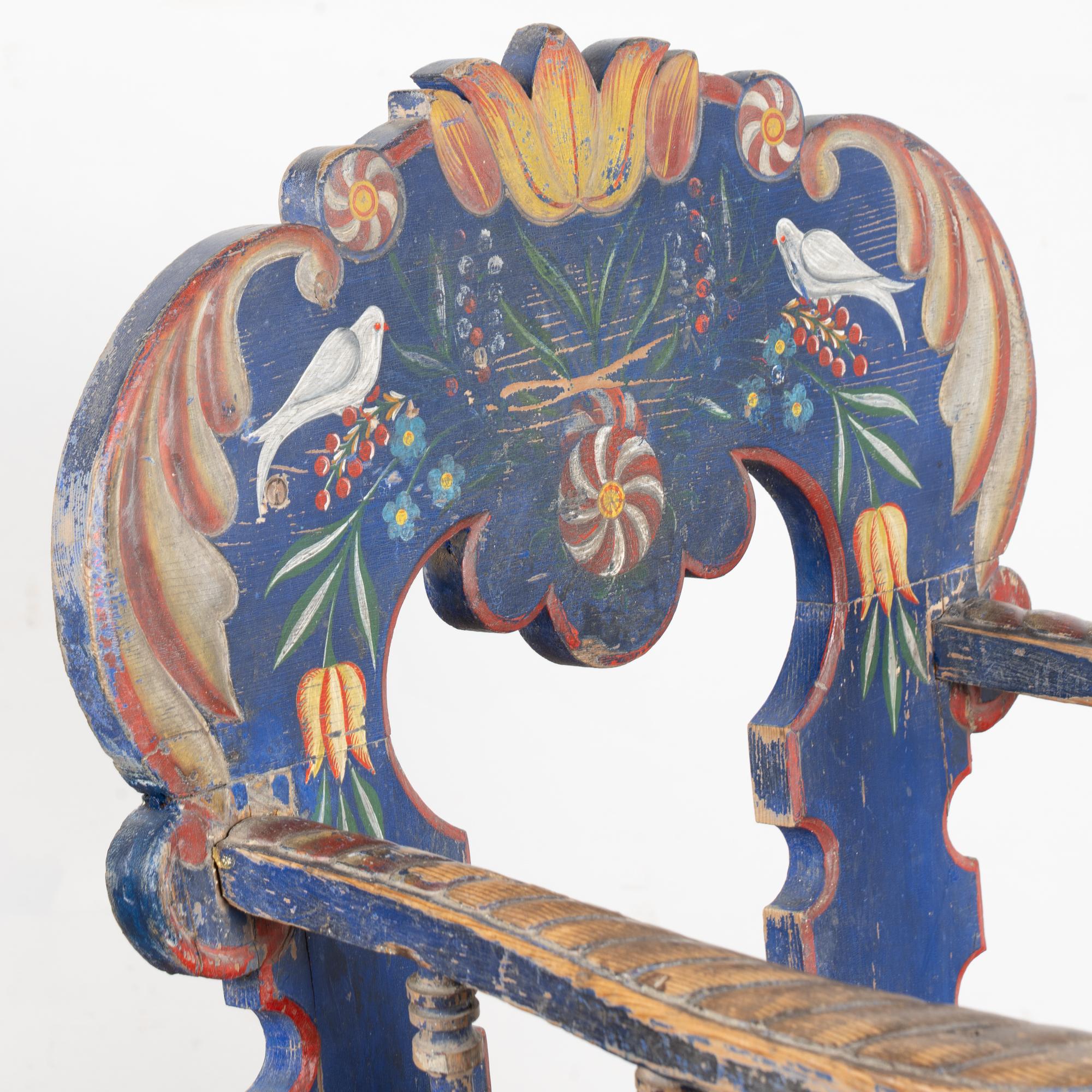 Hungarian Original Hand Painted Blue Pine Armchair with Doves, circa 1890-1910