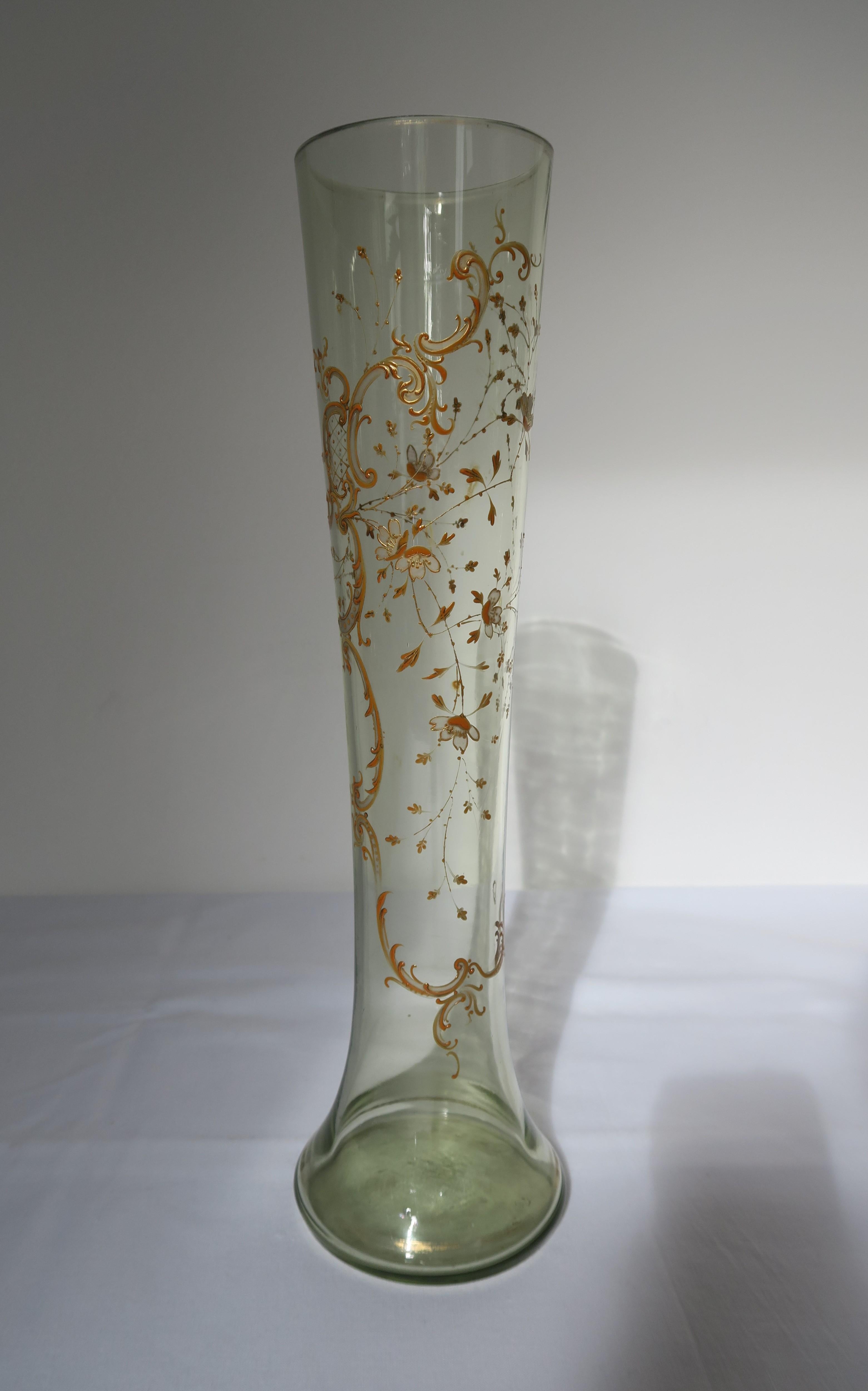 Original intricately hand-painted vase by Moser Glassworks from ca. 1910-1920. Designed by renowned Karlovy Vary based designer Ludwig Moser it features a gilded rim and base and beautiful cherry blossom and ornamental design. The crystal glass and
