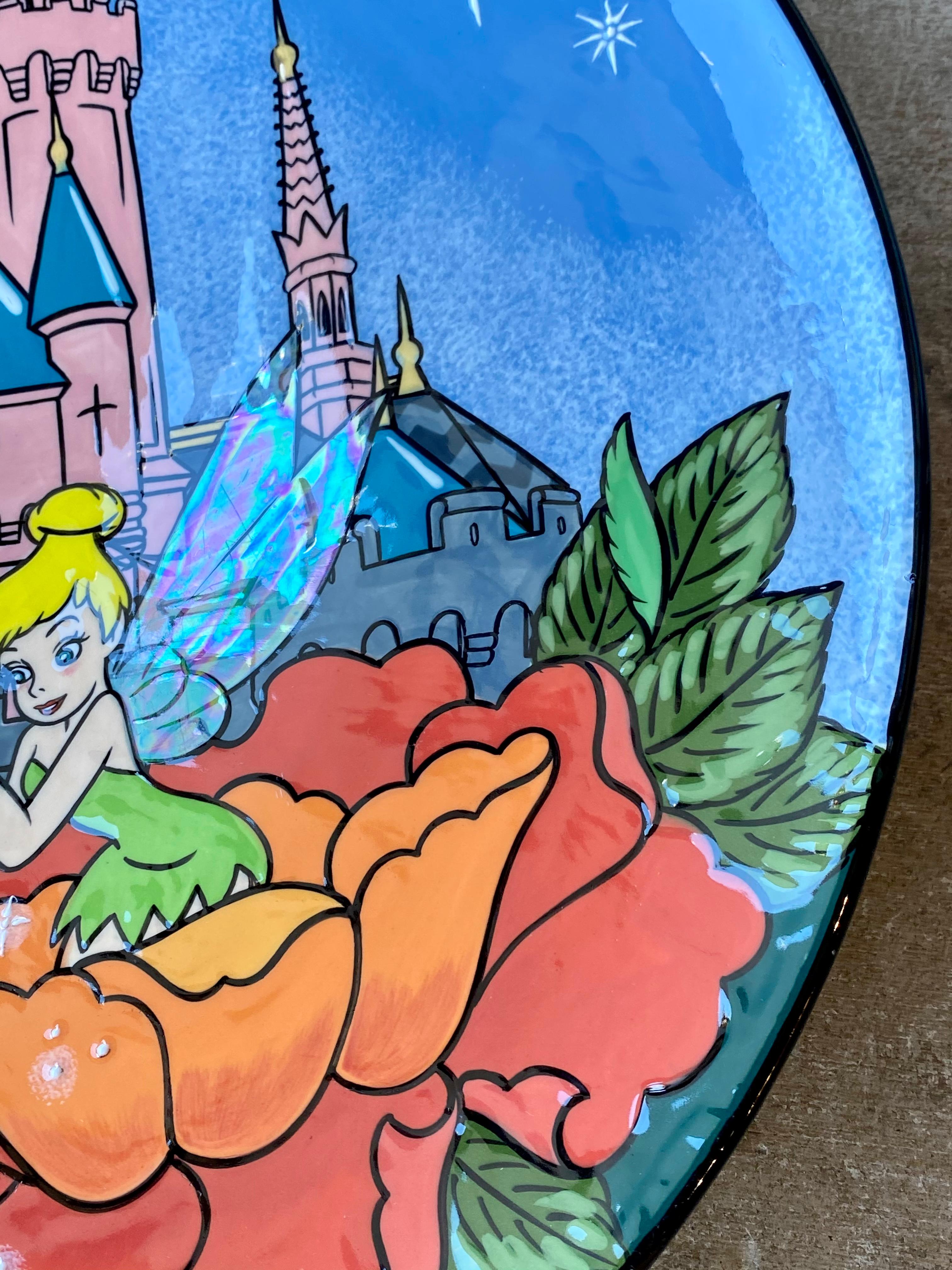 Hand-Painted Original Hand Painted Disney Tinker Bell Large Art Plate by Elisabete Gomes For Sale