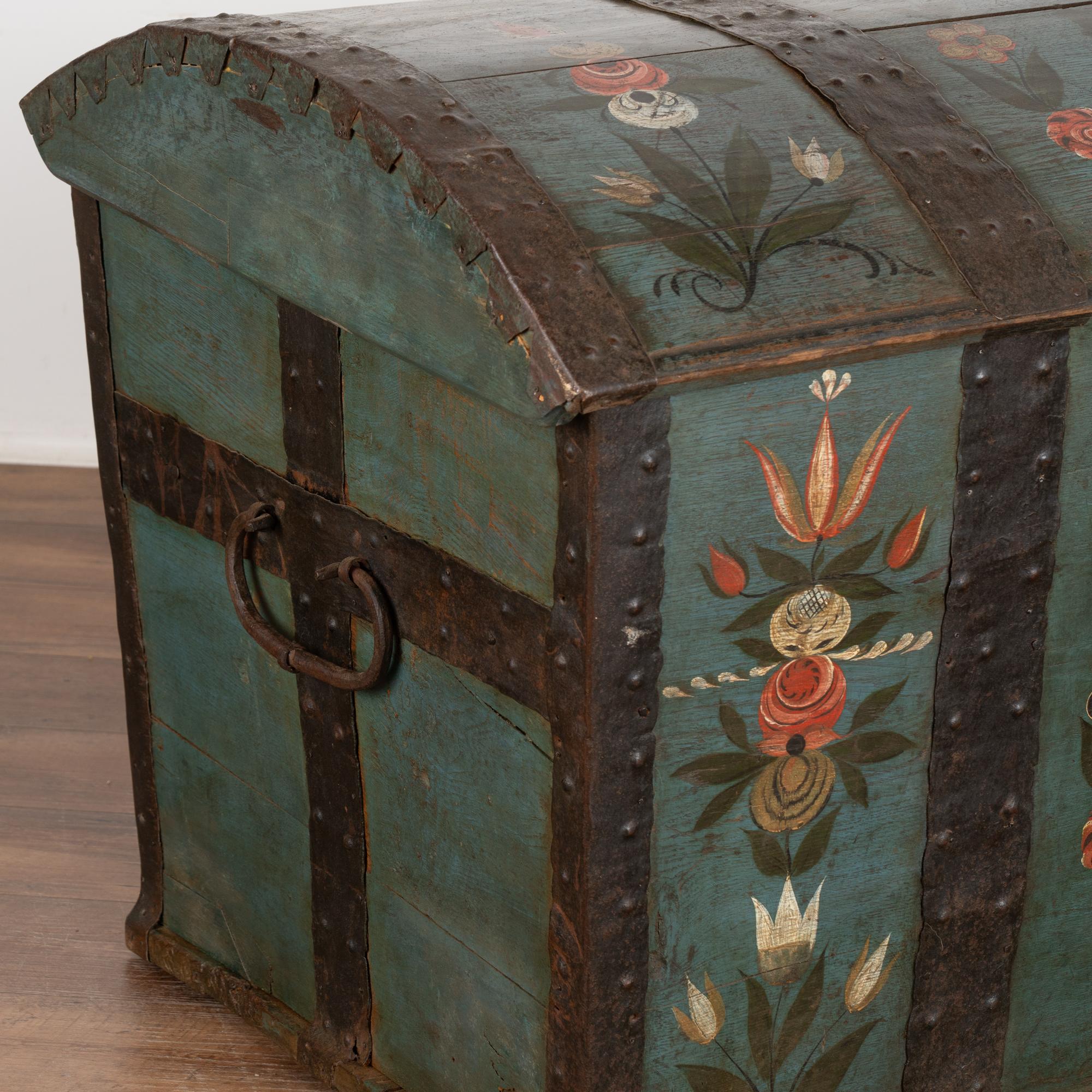 Original Hand Painted Dome Top Blue Trunk With Flowers, Sweden dated 1828 For Sale 2