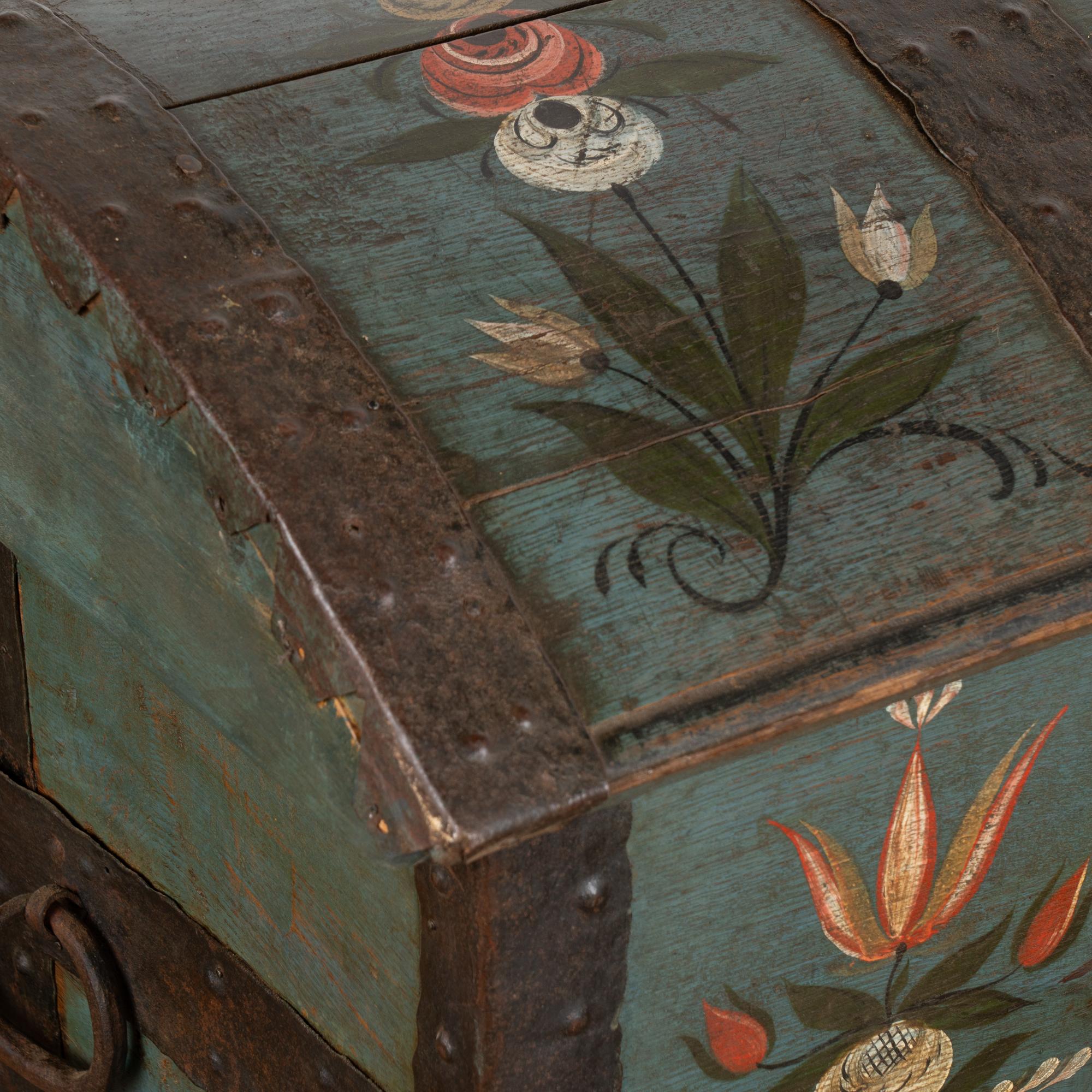 Original Hand Painted Dome Top Blue Trunk With Flowers, Sweden dated 1828 For Sale 3