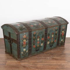 Original Hand Painted Dome Top Blue Trunk With Flowers, Sweden dated 1828