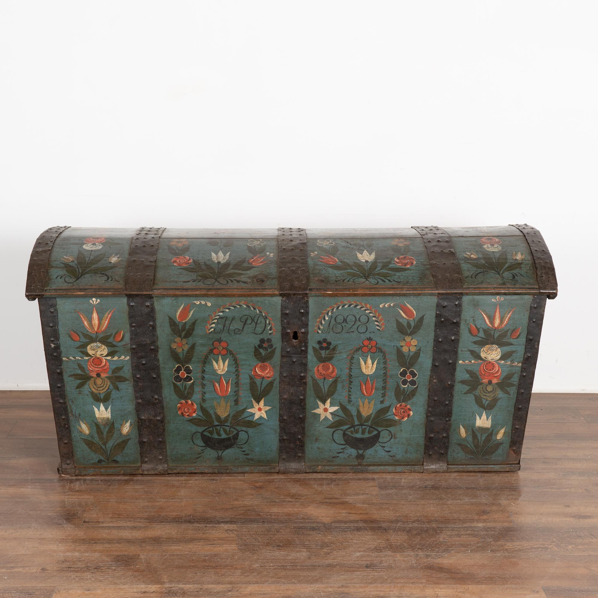 Folk Art Original Hand Painted Dome Top Blue Trunk With Flowers, Sweden dated 1828 For Sale