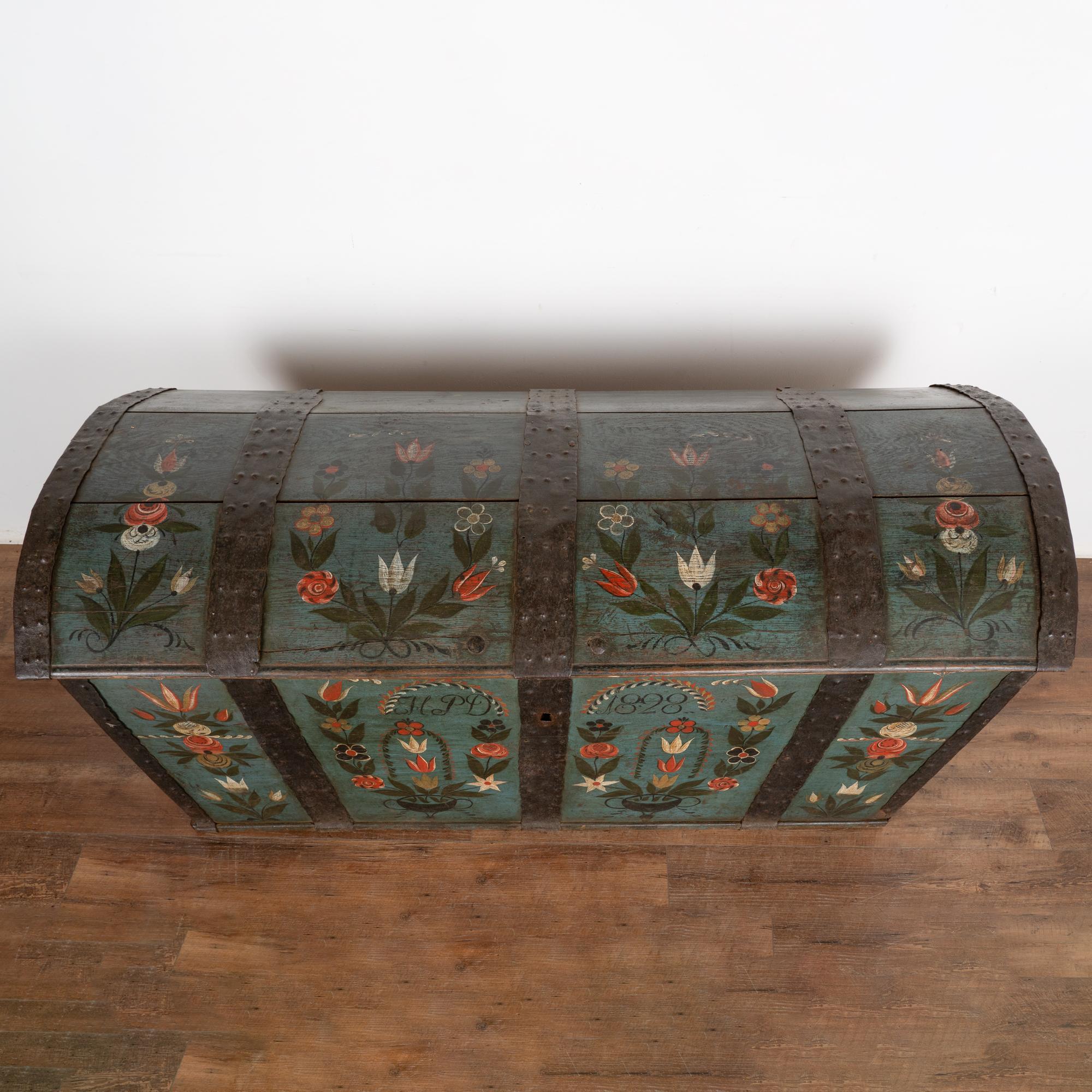 Swedish Original Hand Painted Dome Top Blue Trunk With Flowers, Sweden dated 1828 For Sale