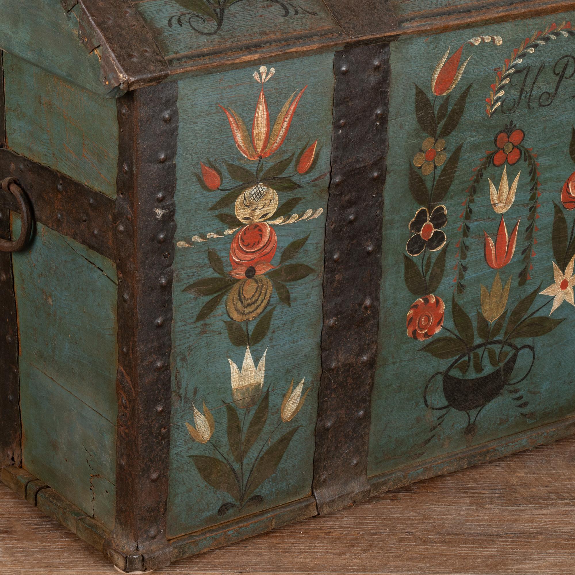 19th Century Original Hand Painted Dome Top Blue Trunk With Flowers, Sweden dated 1828 For Sale