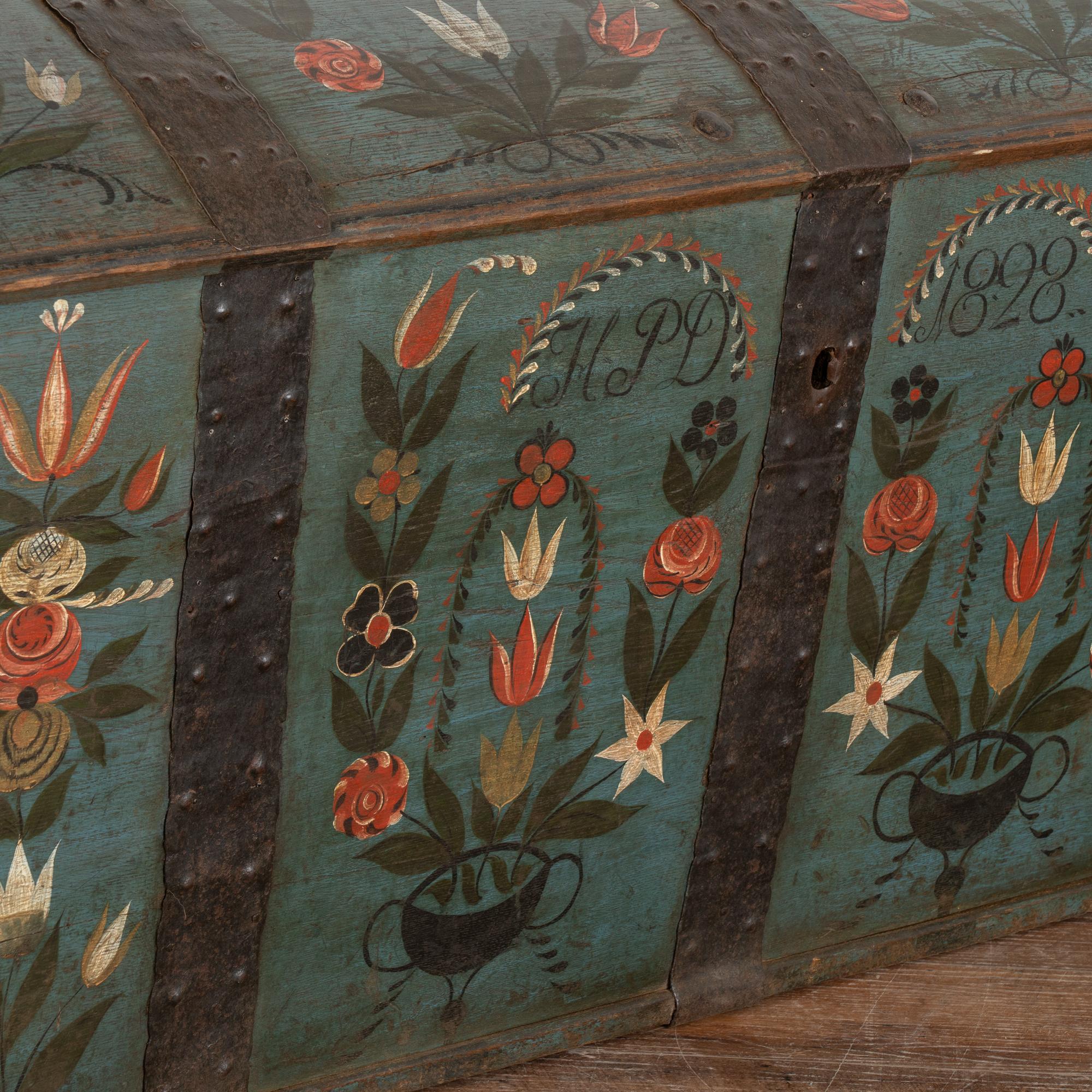 Wrought Iron Original Hand Painted Dome Top Blue Trunk With Flowers, Sweden dated 1828 For Sale