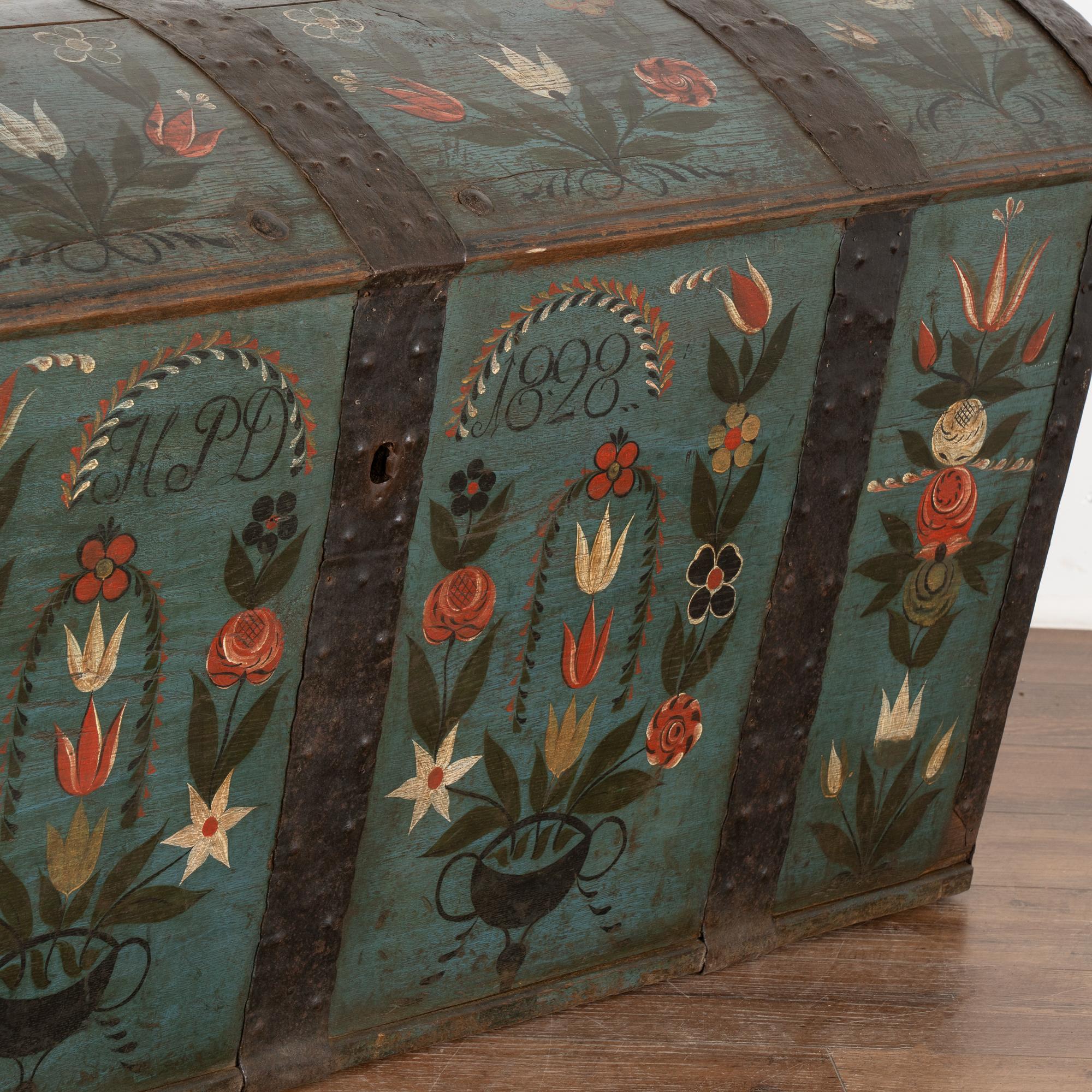 Original Hand Painted Dome Top Blue Trunk With Flowers, Sweden dated 1828 For Sale 1