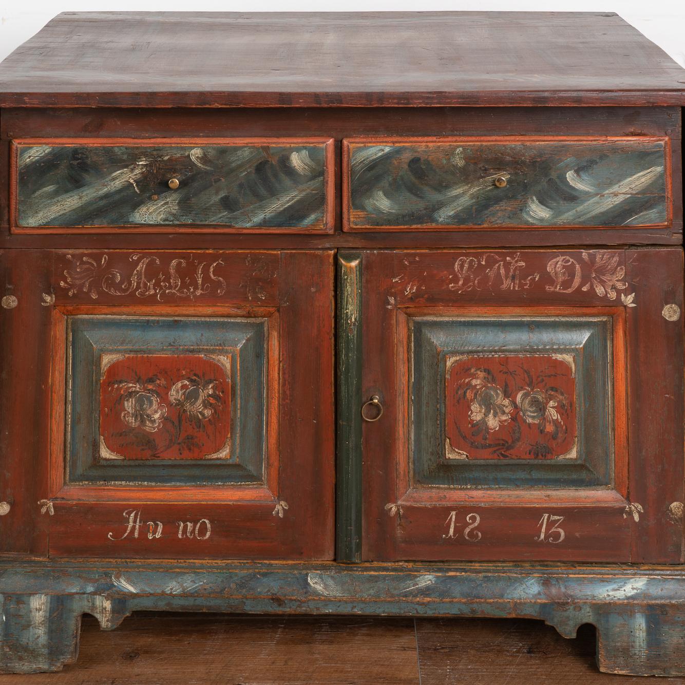 Original Hand Painted Drop Leaf Table Cabinet Sideboard, Sweden Dated 1813 For Sale 3