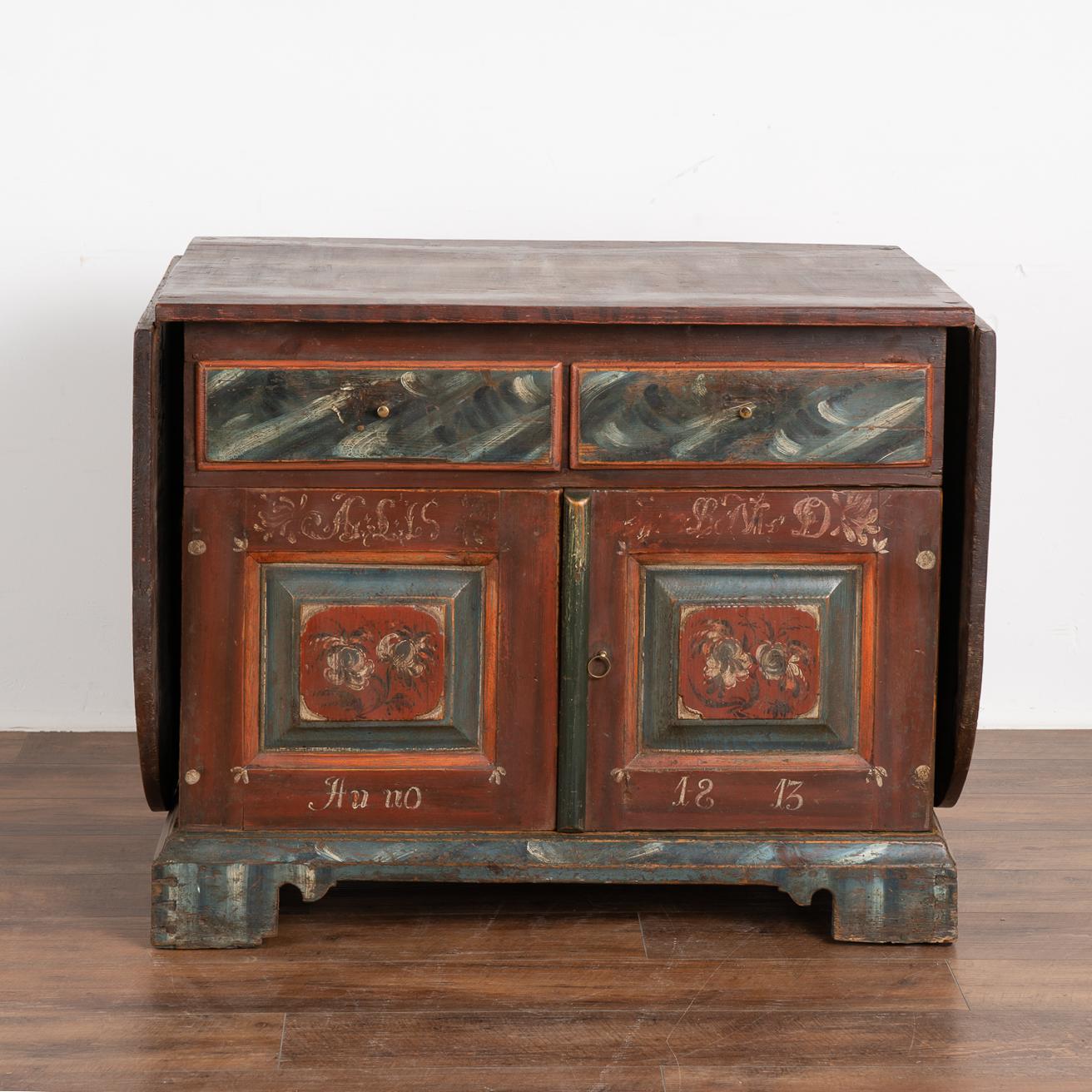 Original Hand Painted Drop Leaf Table Cabinet Sideboard, Sweden Dated 1813 In Good Condition For Sale In Round Top, TX