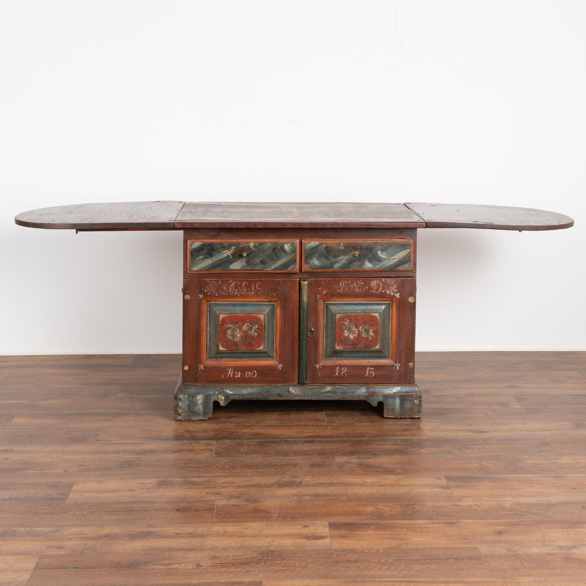 19th Century Original Hand Painted Drop Leaf Table Cabinet Sideboard, Sweden Dated 1813 For Sale