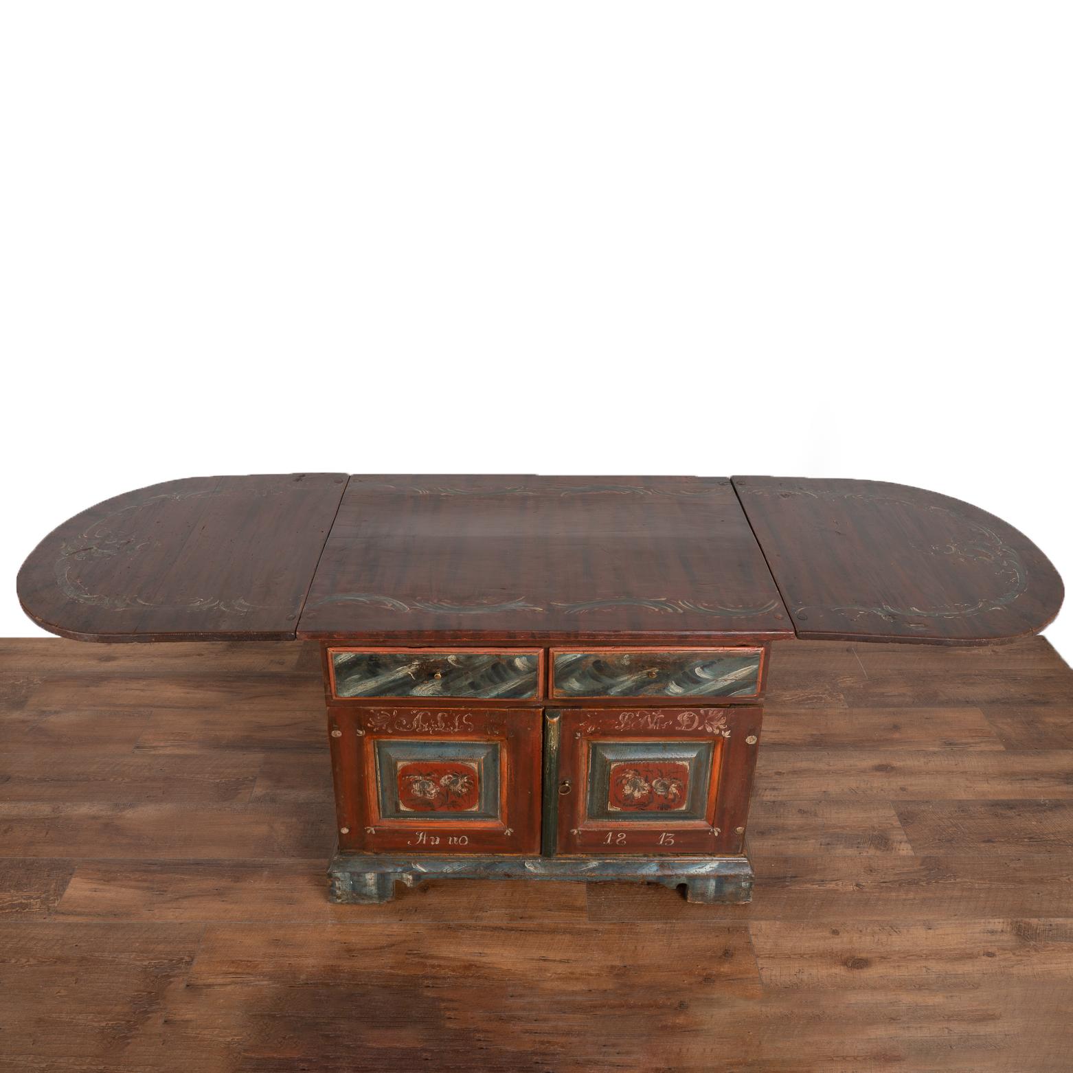 Pine Original Hand Painted Drop Leaf Table Cabinet Sideboard, Sweden Dated 1813 For Sale