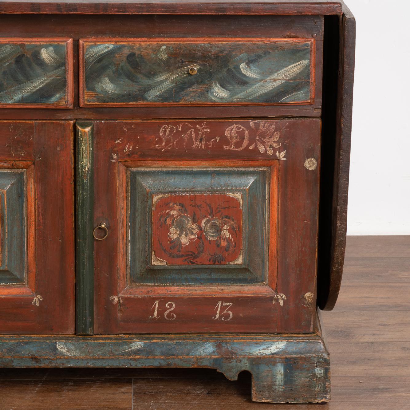 Original Hand Painted Drop Leaf Table Cabinet Sideboard, Sweden Dated 1813 For Sale 2