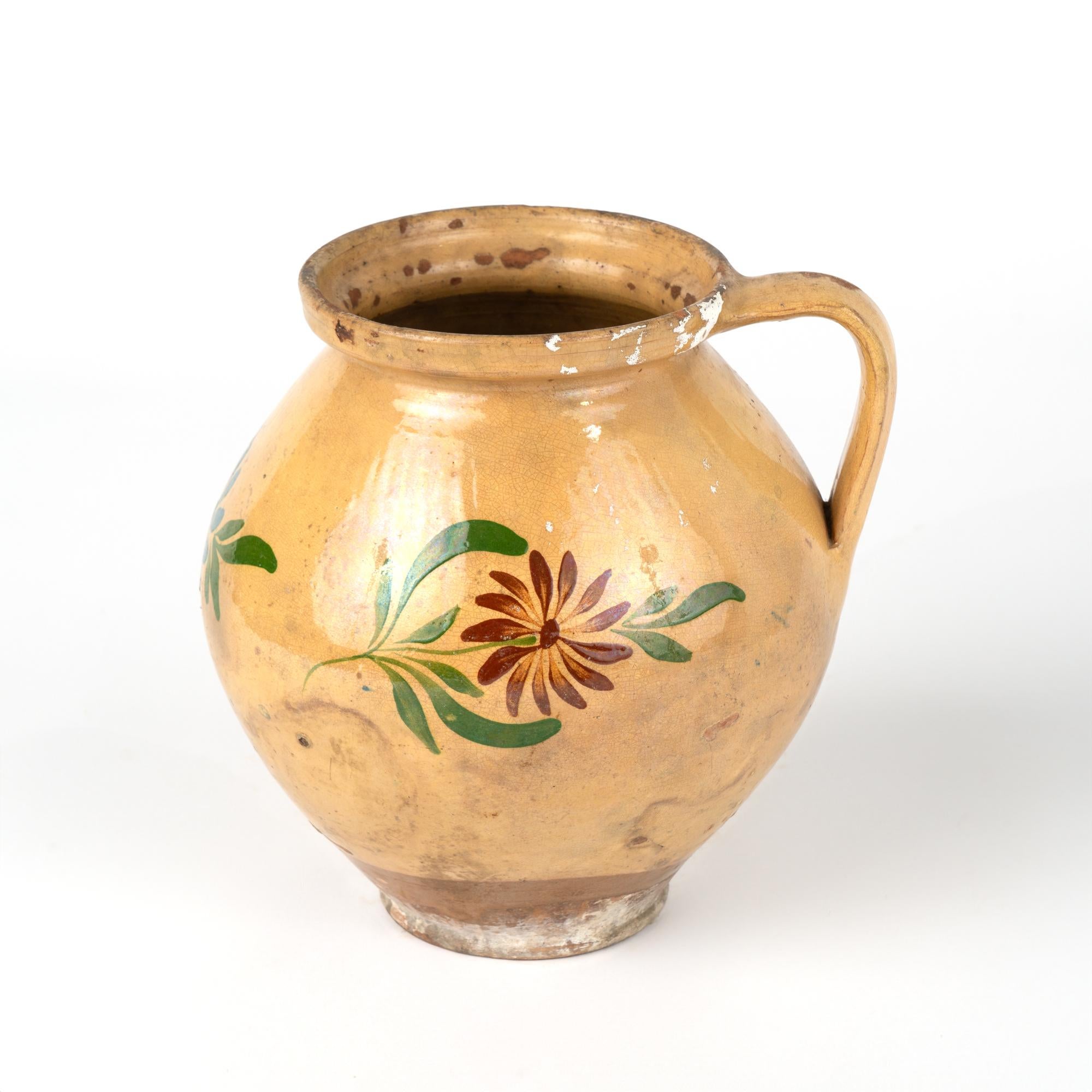 20th Century Original Hand Painted Earthenware Pottery with Handle, circa 1900's For Sale