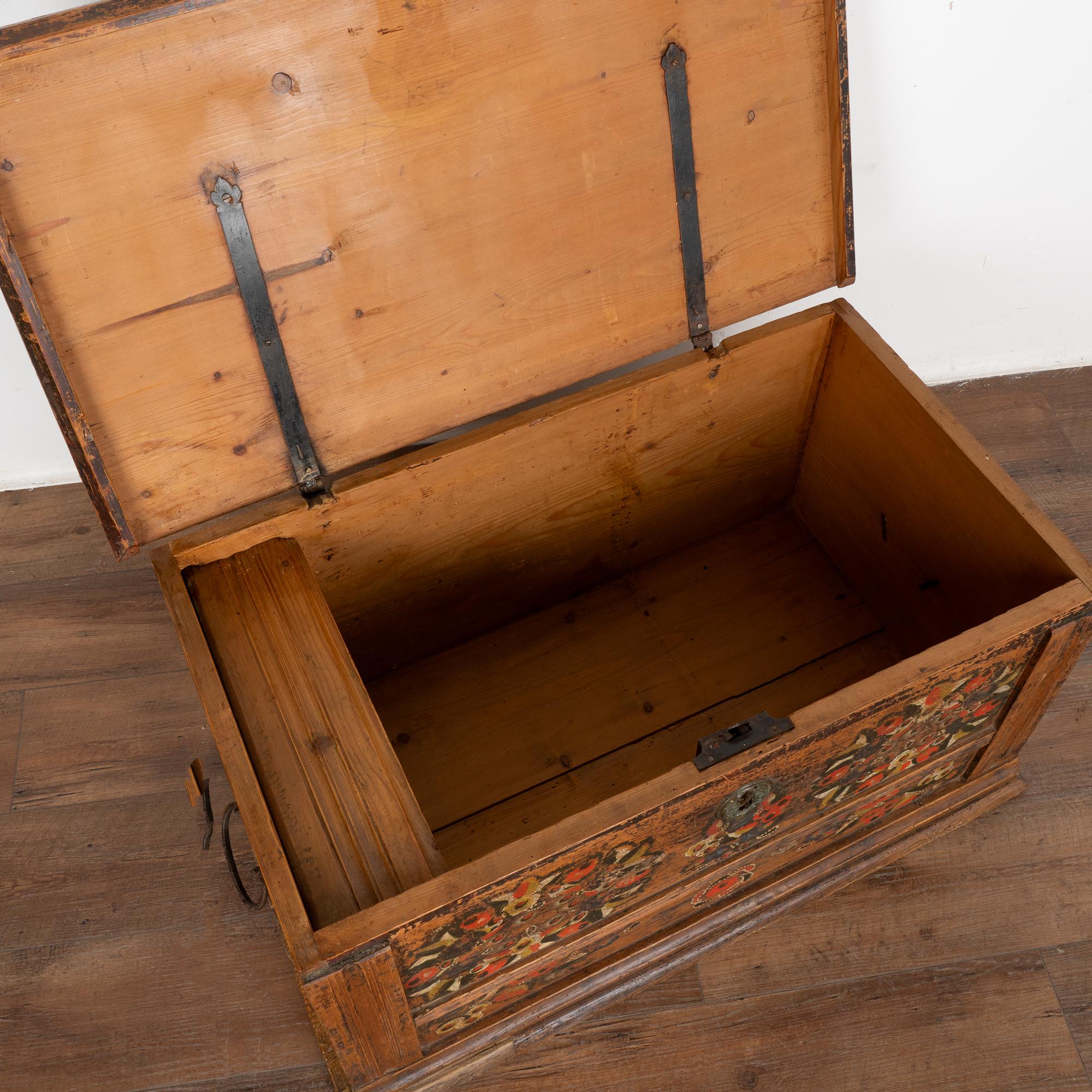 Hungarian Original Hand Painted Flat Top Pine Trunk With Flowers, Hungary circa 1880 For Sale