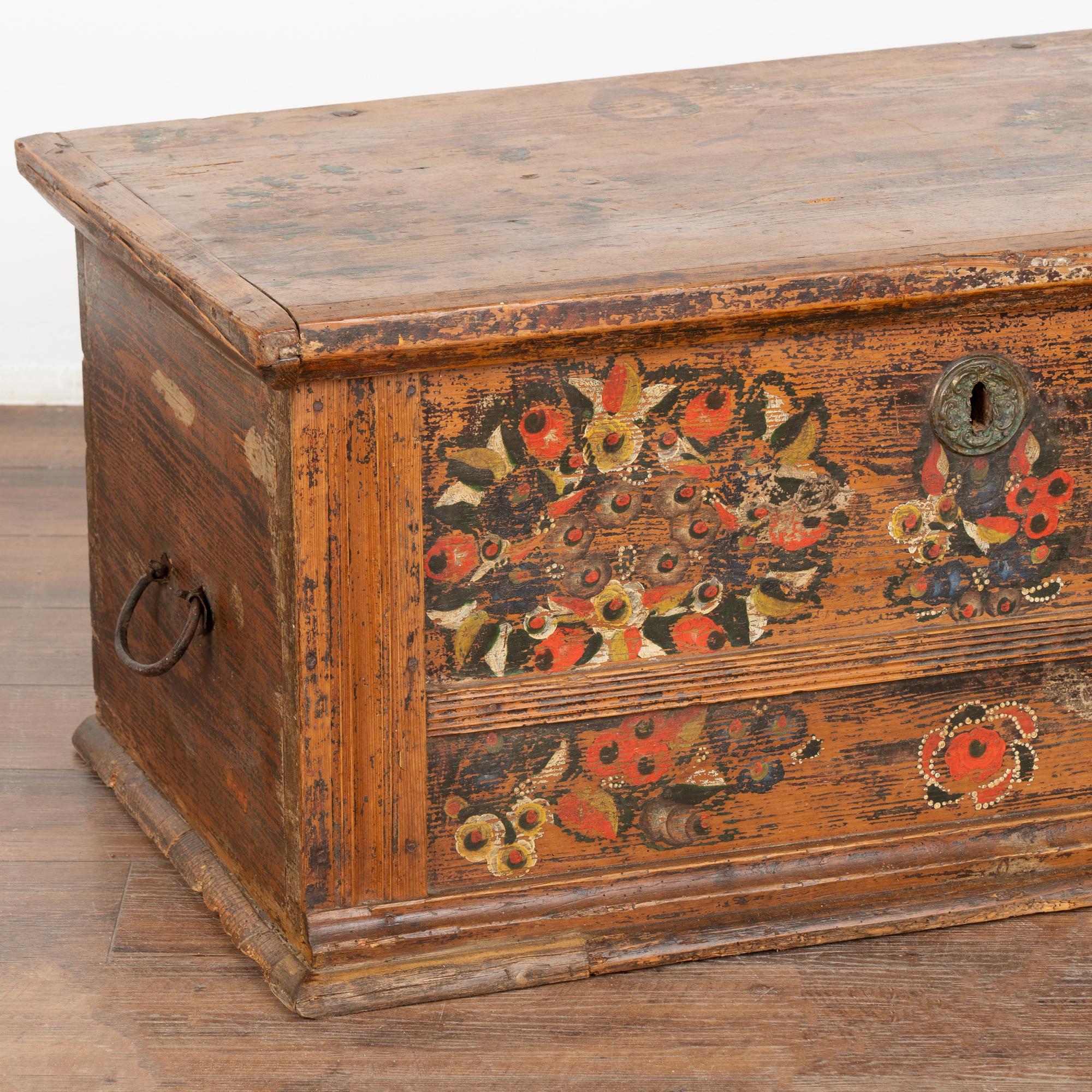 Wrought Iron Original Hand Painted Flat Top Pine Trunk With Flowers, Hungary circa 1880 For Sale