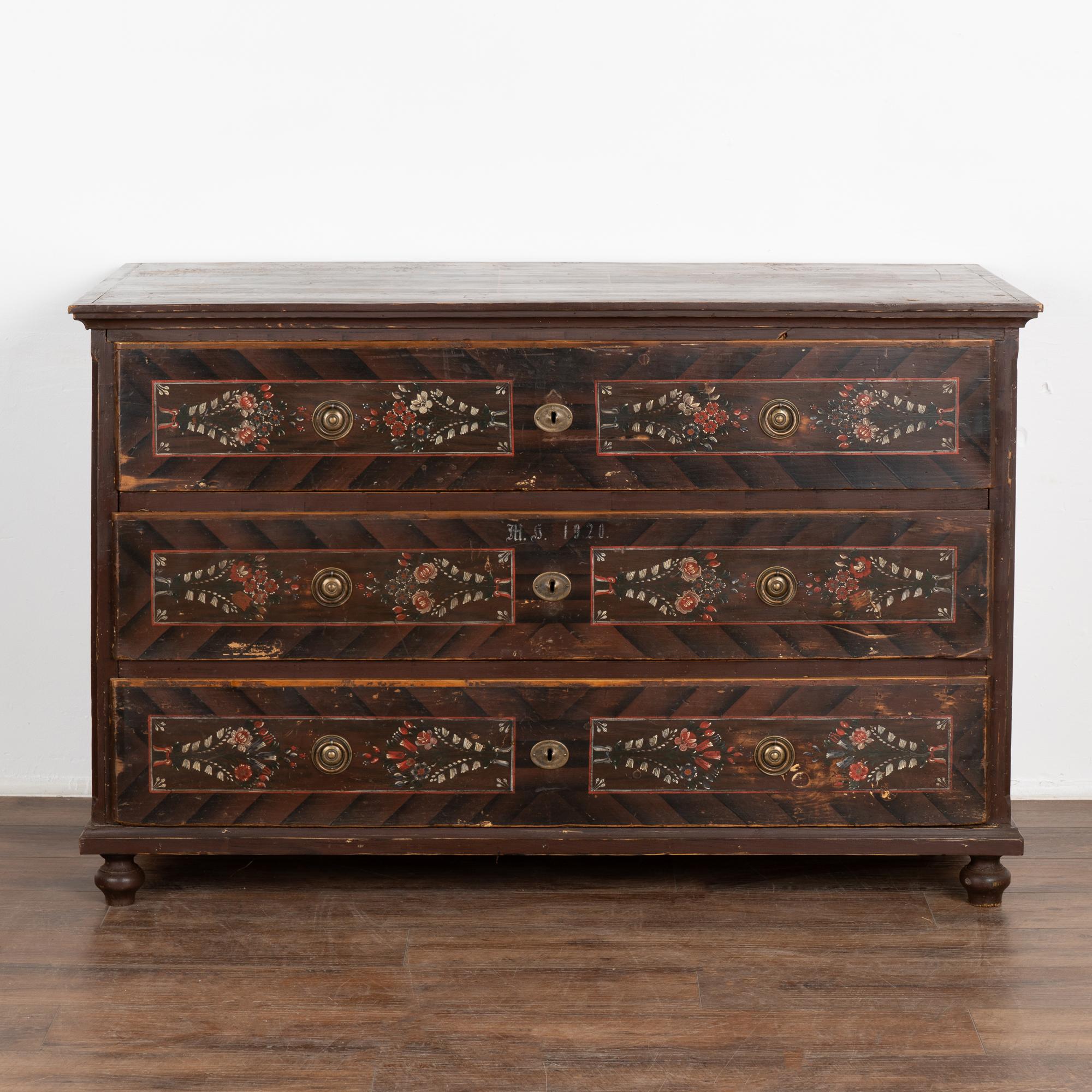 Hungarian  Original Hand Painted Large Chest of Three Drawers, Hungary dated 1920