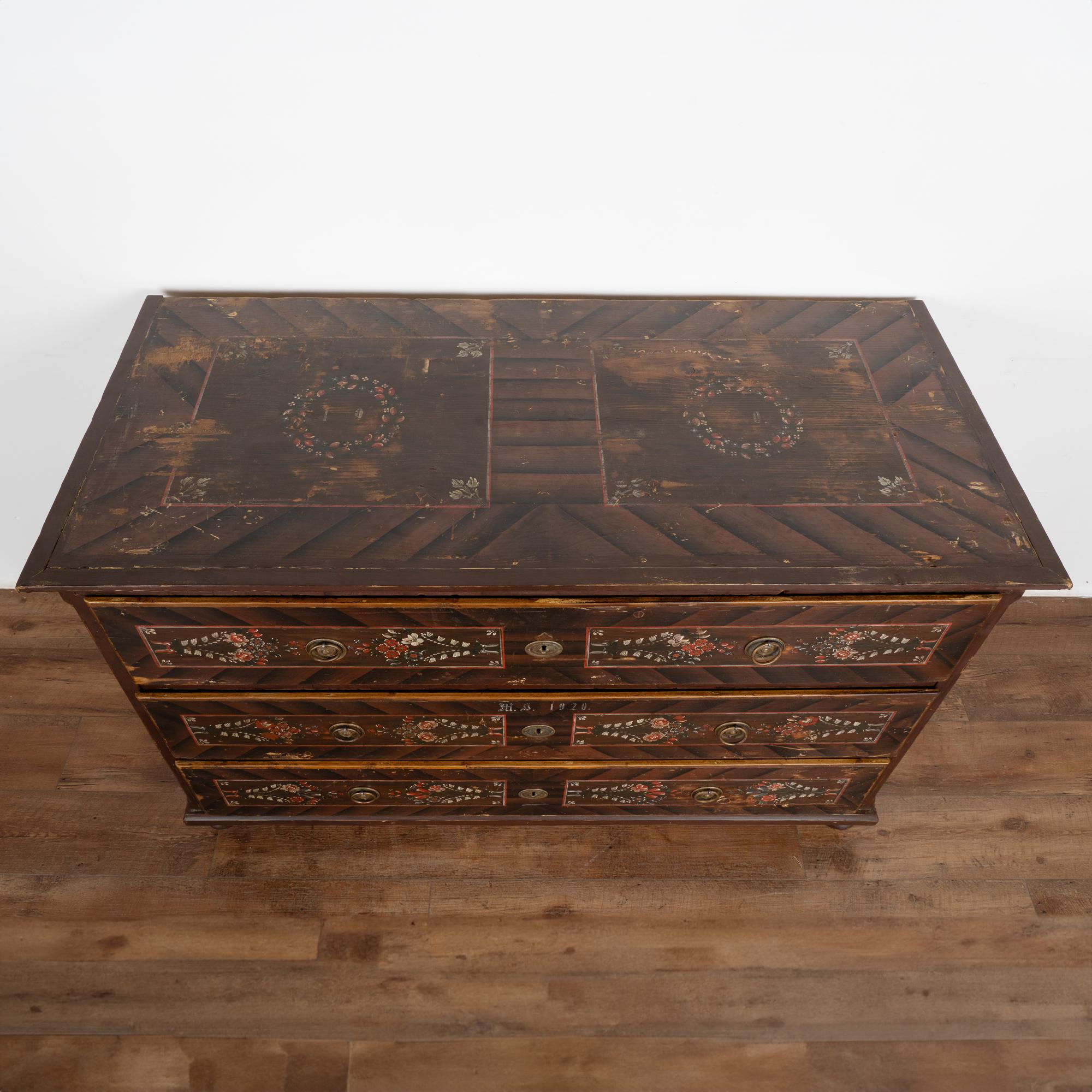  Original Hand Painted Large Chest of Three Drawers, Hungary dated 1920 In Good Condition In Round Top, TX