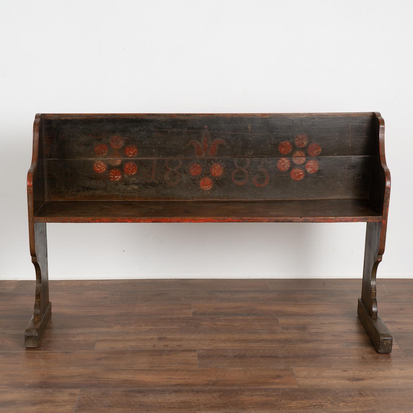 Folk Art Original Hand Painted Narrow Bench with Red Flowers, Hungary, Dated 1883