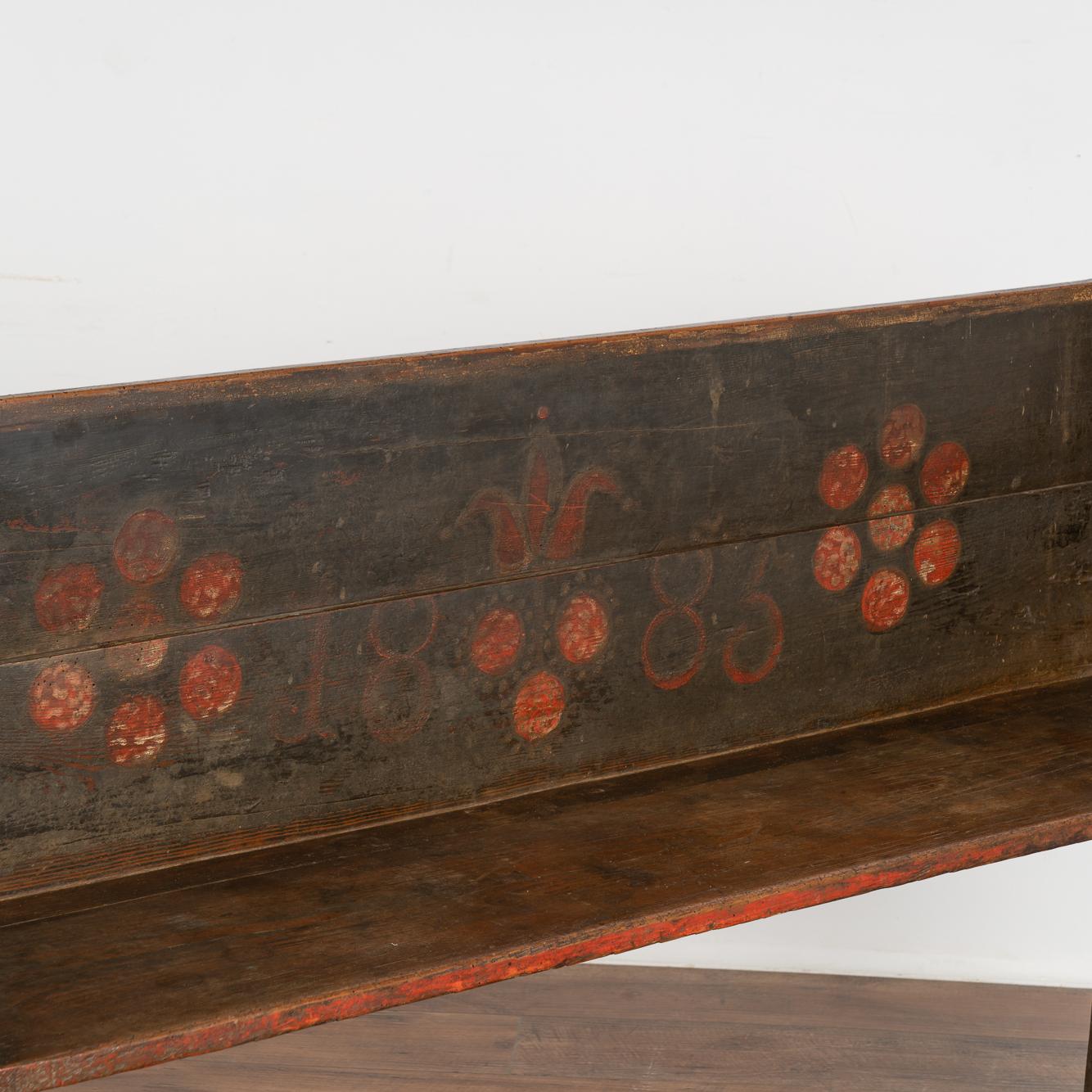 19th Century Original Hand Painted Narrow Bench with Red Flowers, Hungary, Dated 1883