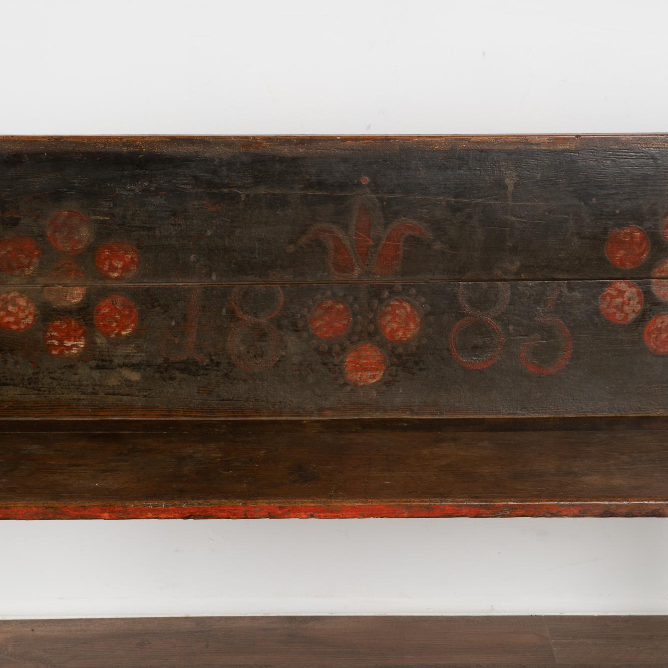 Original Hand Painted Narrow Bench with Red Flowers, Hungary, Dated 1883 1