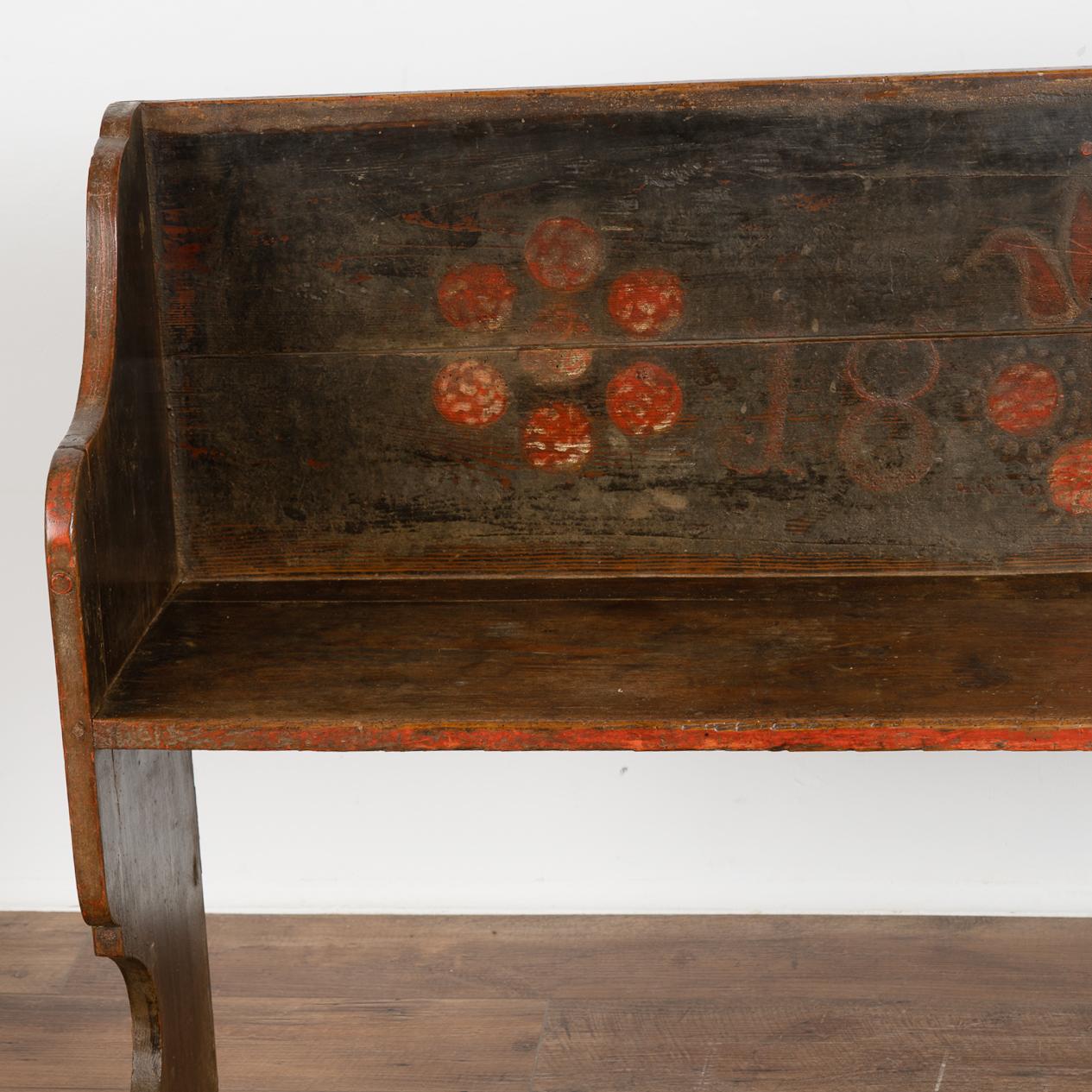 Original Hand Painted Narrow Bench with Red Flowers, Hungary, Dated 1883 2