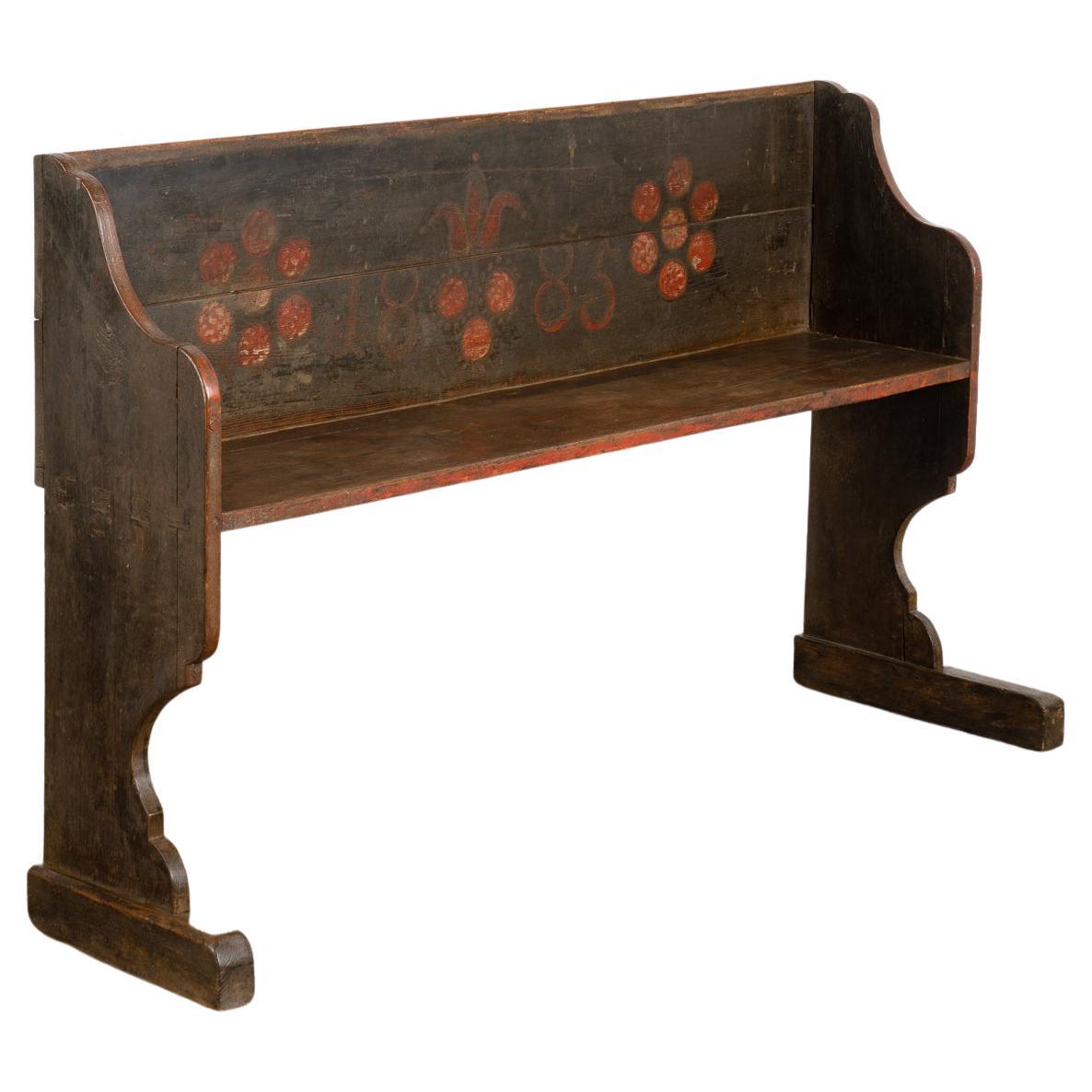 Original Hand Painted Narrow Bench with Red Flowers, Hungary, Dated 1883