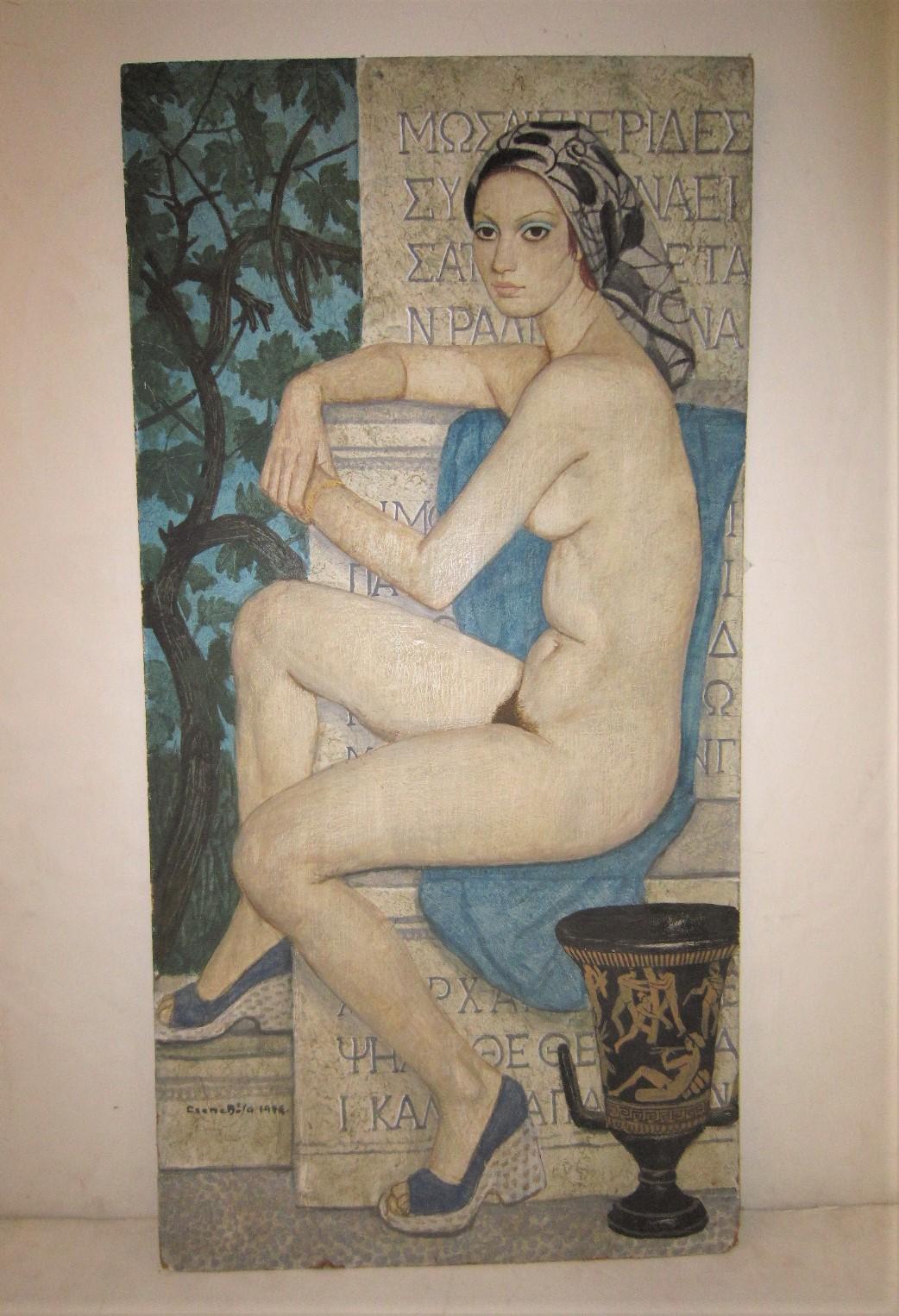 Hungarian original oil on board signed Czene Bela and dated 1976.
Bela Czene:  Born in Isaszeg, Hungary, July 3, 1911 - died Budapest, Hungary, Nov 9, 1999.  

 A classic yet Modern portrayal of a nude woman seated, mysteriously attractive and