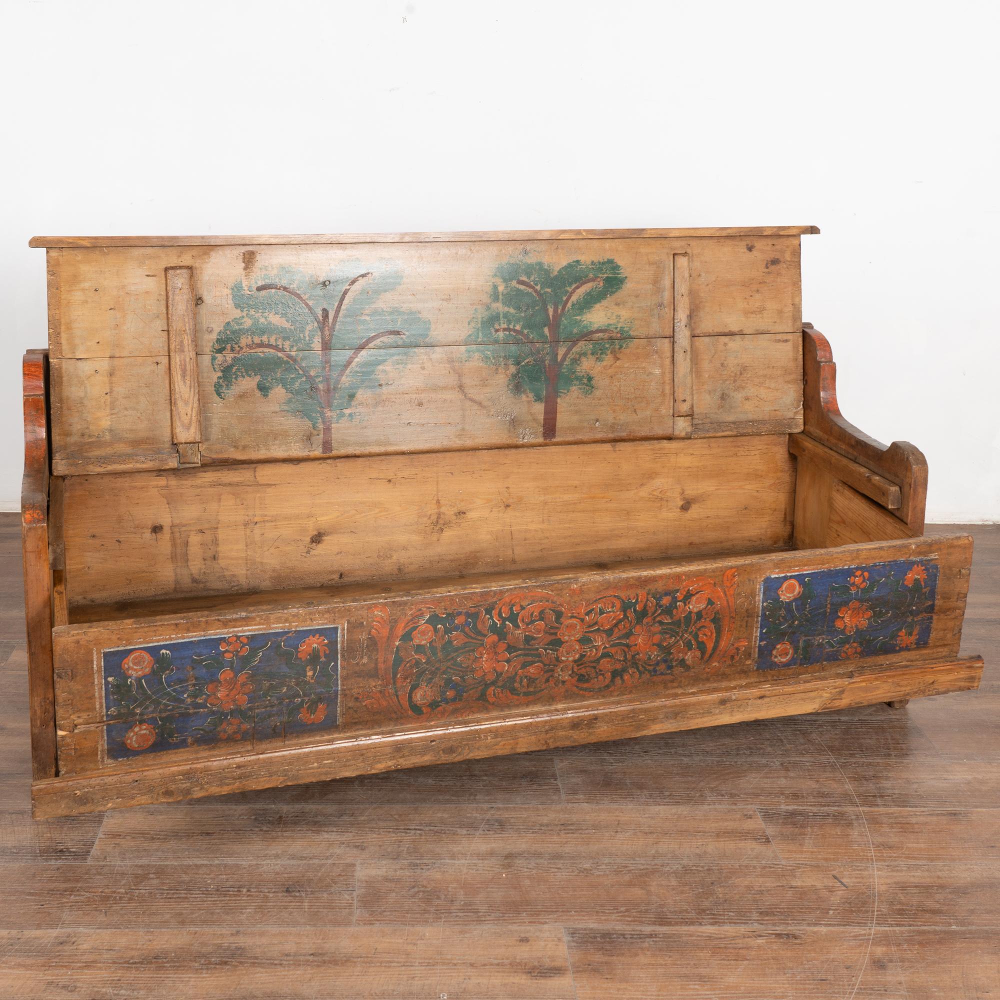 Folk Art Original Hand Painted Pine 19th Century Bench With Storage, Hungary