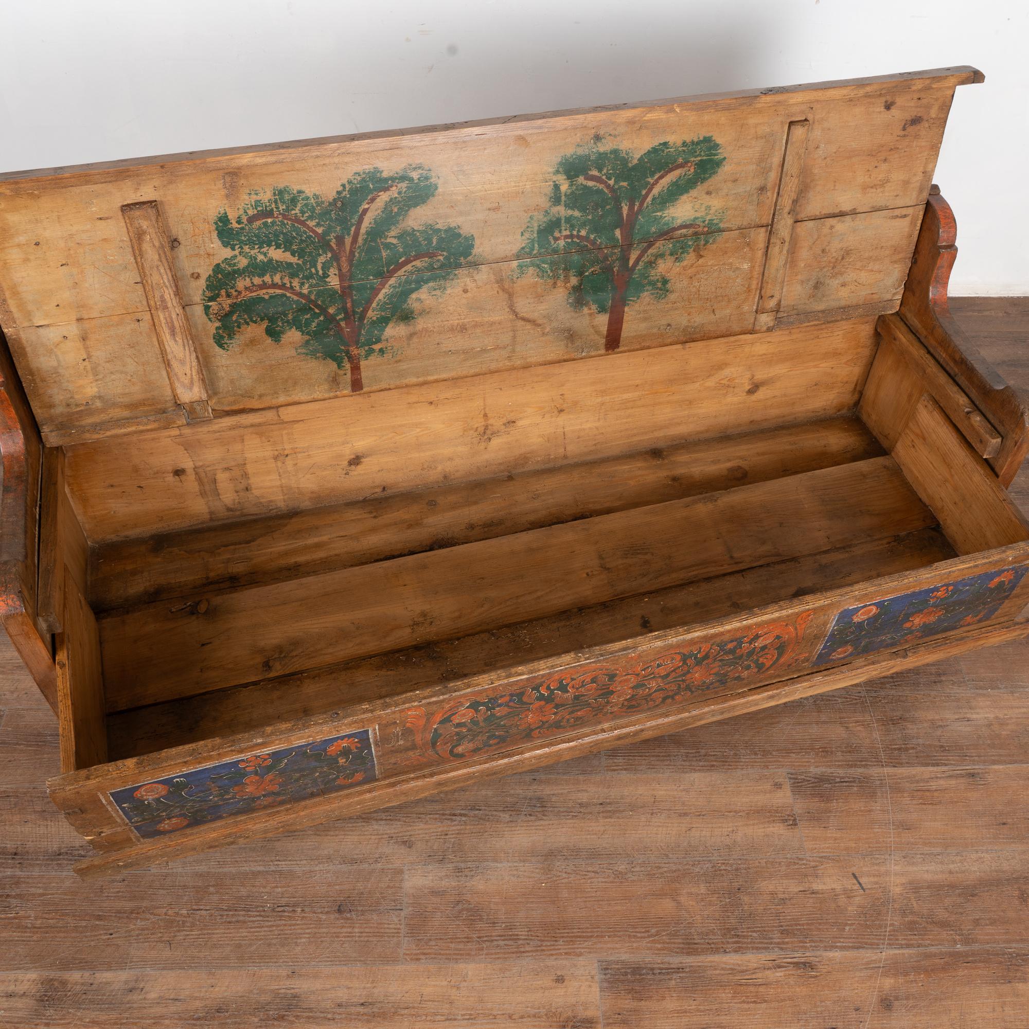 Hungarian Original Hand Painted Pine 19th Century Bench With Storage, Hungary