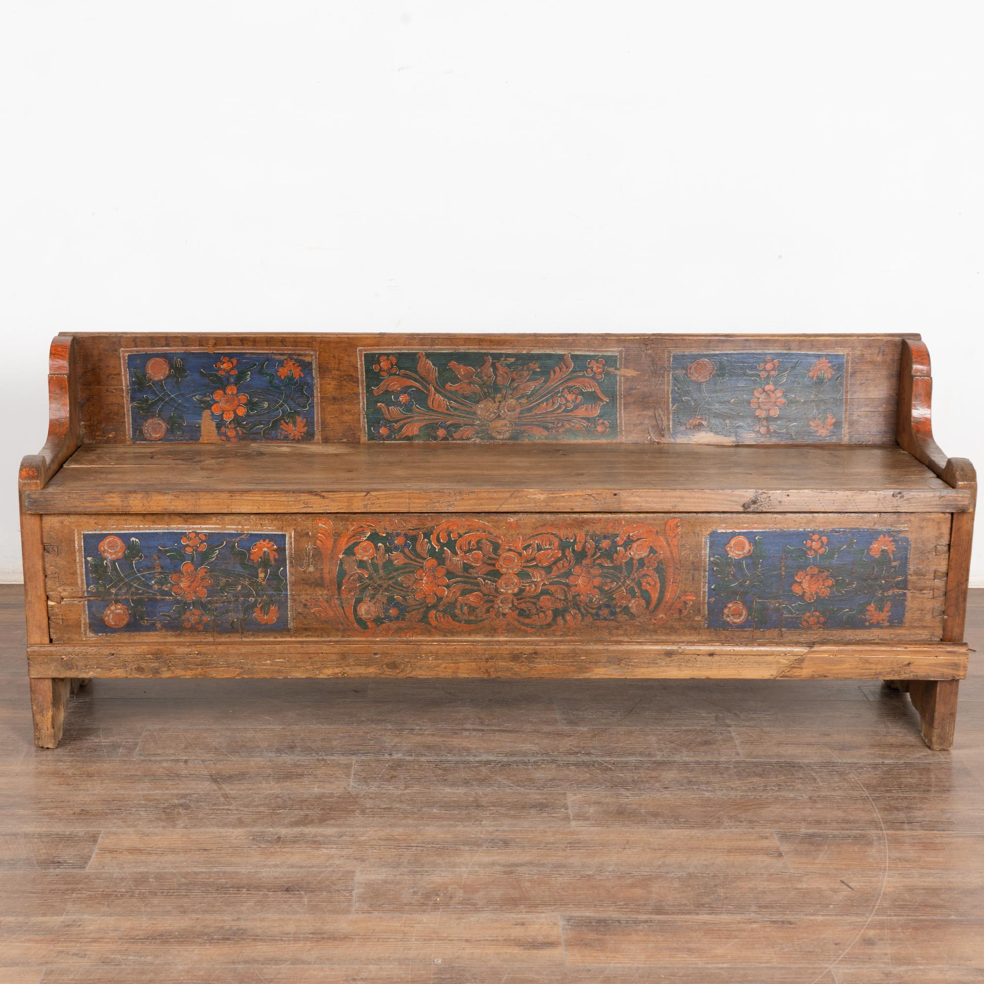 Original Hand Painted Pine 19th Century Bench With Storage, Hungary In Fair Condition In Round Top, TX