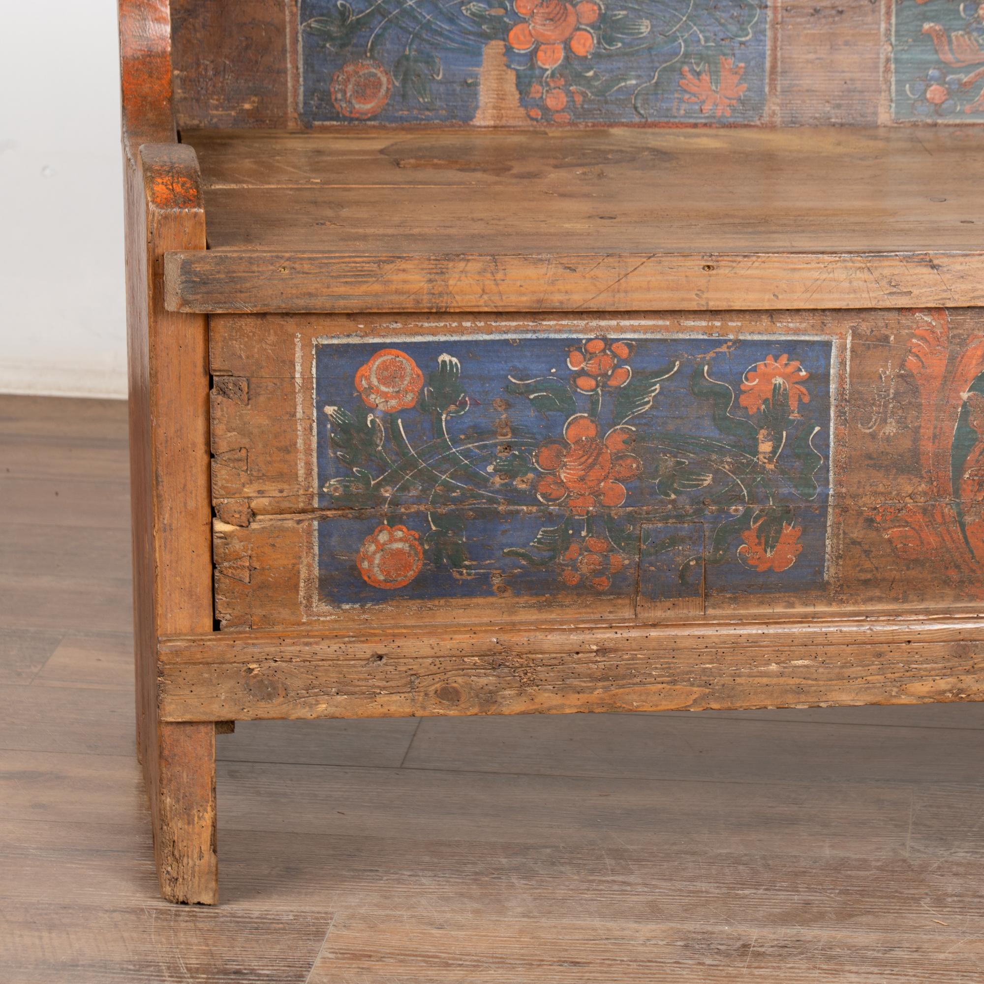 Original Hand Painted Pine 19th Century Bench With Storage, Hungary 1