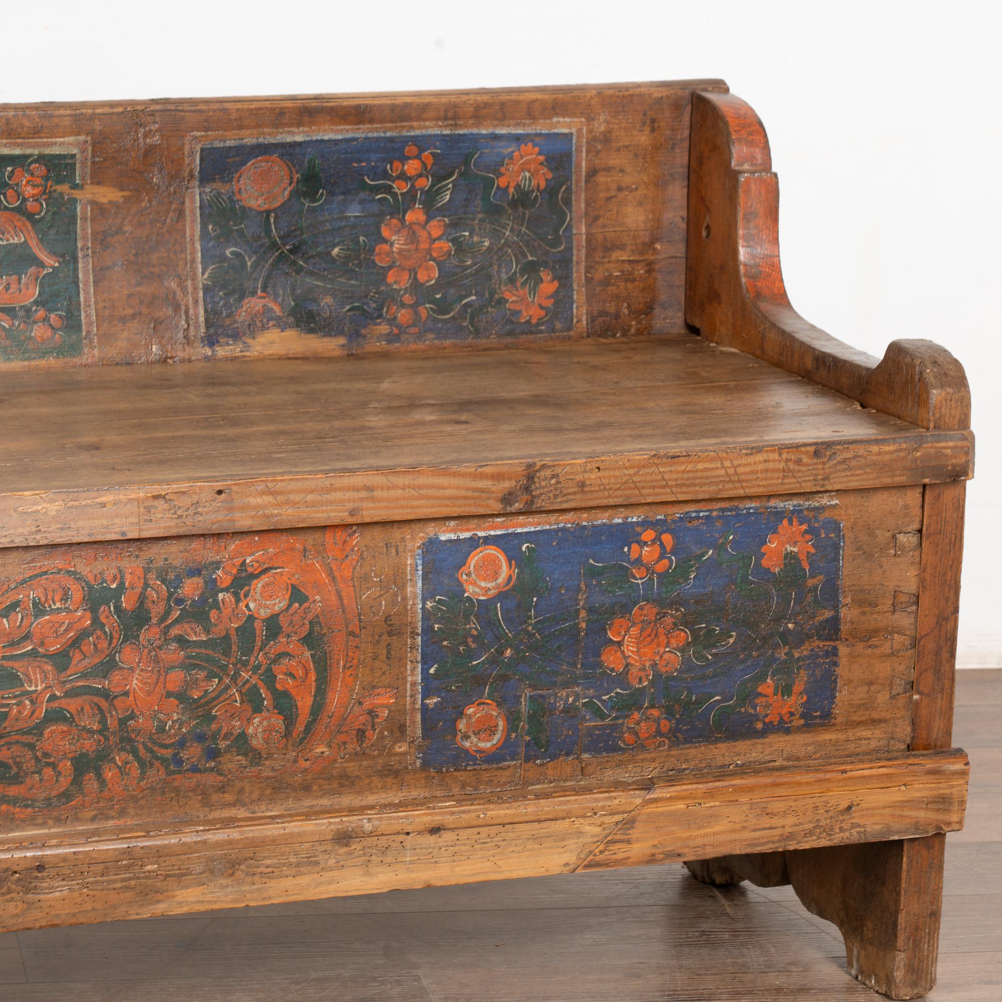 Original Hand Painted Pine 19th Century Bench With Storage, Hungary 2