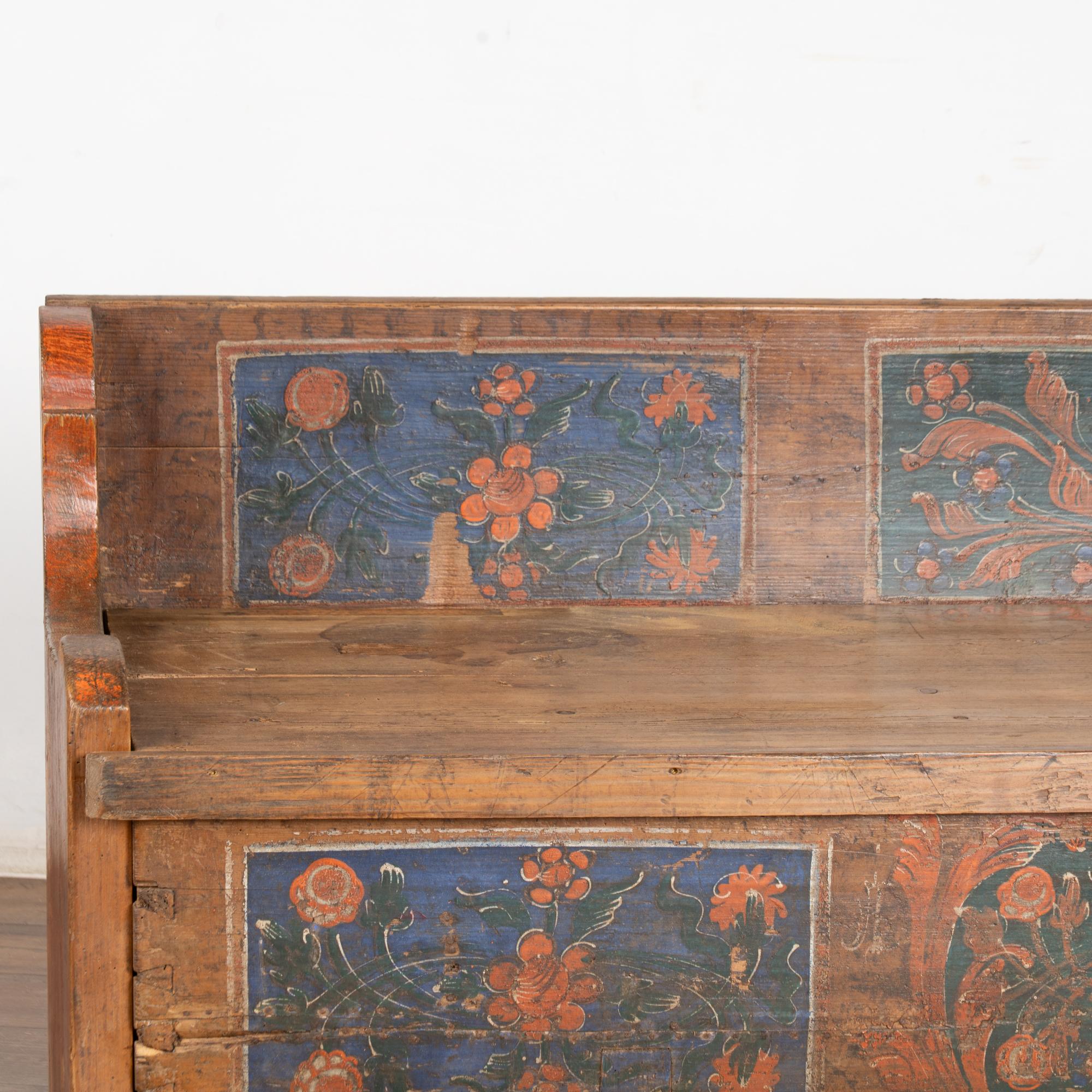 Original Hand Painted Pine 19th Century Bench With Storage, Hungary 3