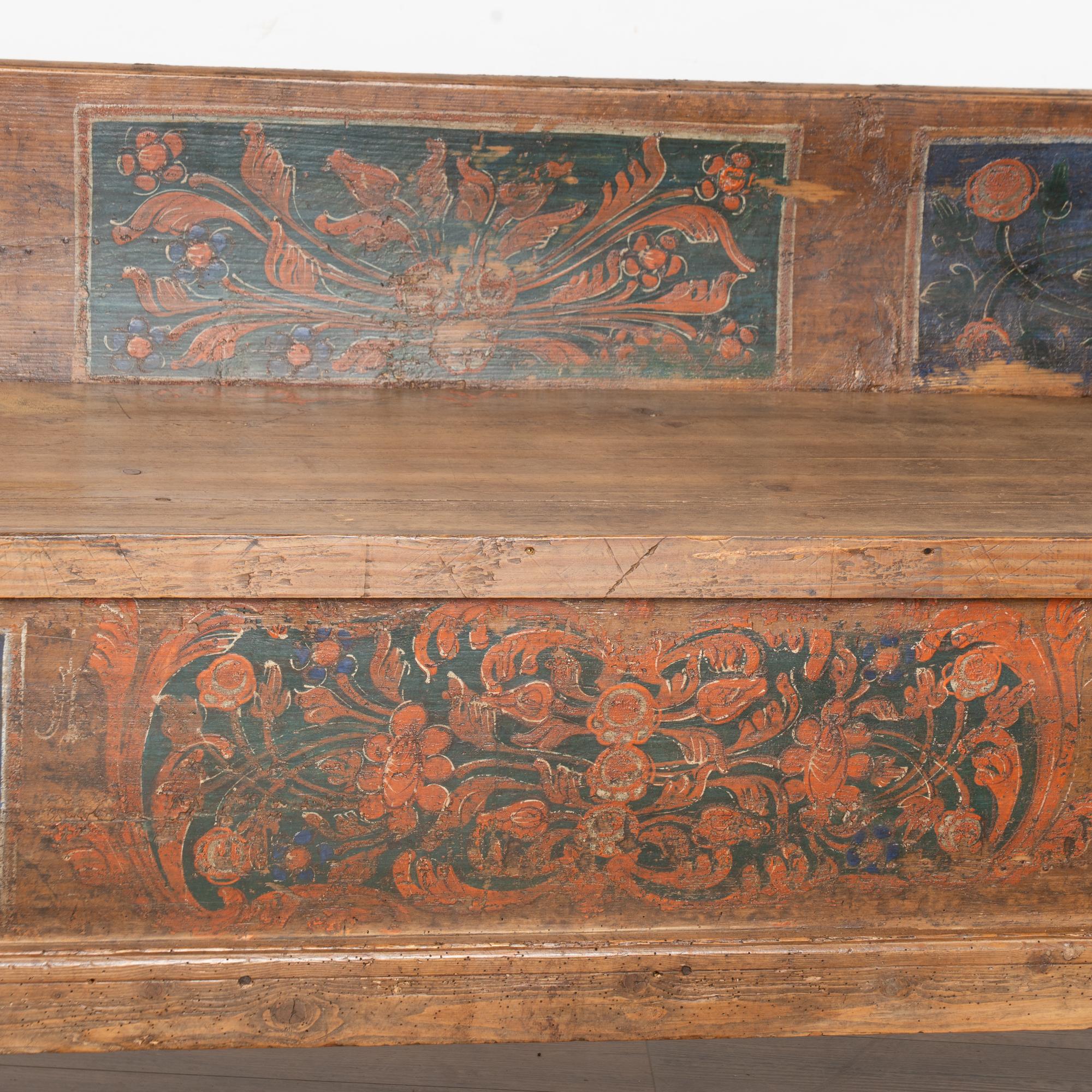 Original Hand Painted Pine 19th Century Bench With Storage, Hungary 4