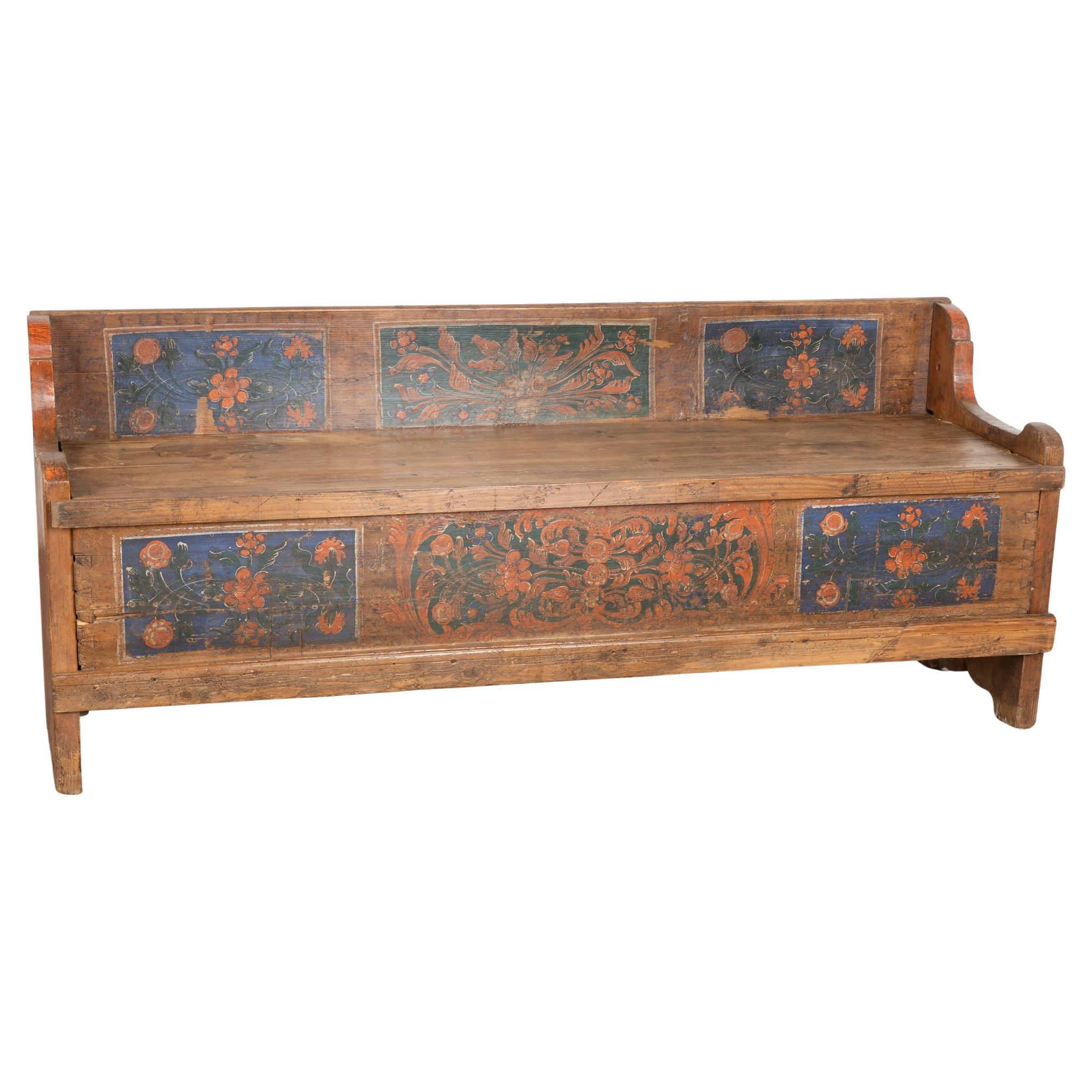Original Hand Painted Pine 19th Century Bench With Storage, Hungary