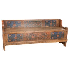Original Hand Painted Pine 19th Century Bench With Storage, Hungary