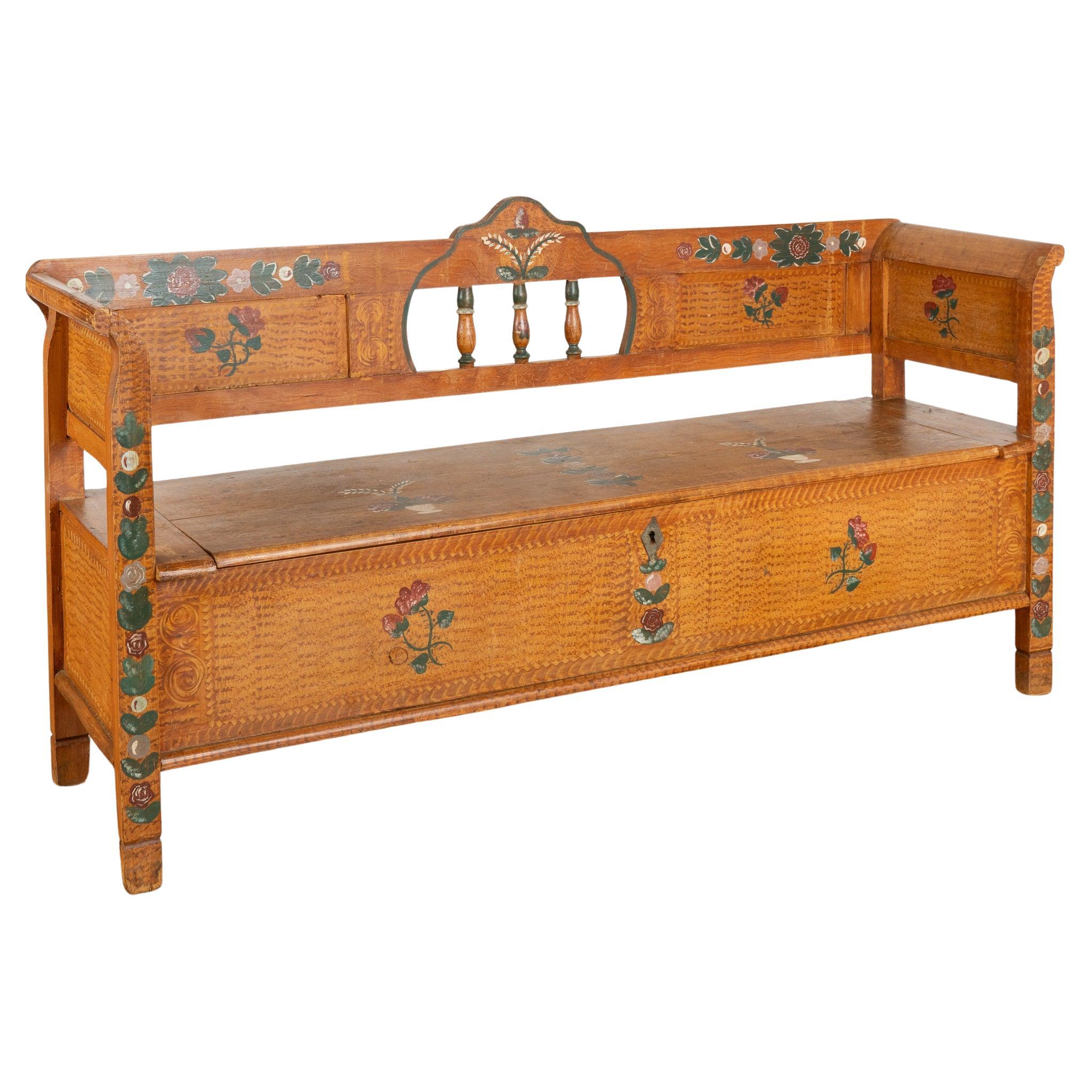 Original Hand Painted Pine Bench with Storage, Hungary circa 1920-40