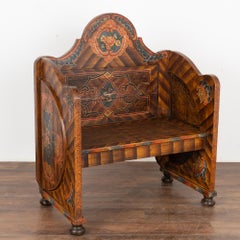 Petit banc original peint à la main avec dossier haut, Hongrie circa 1860-80