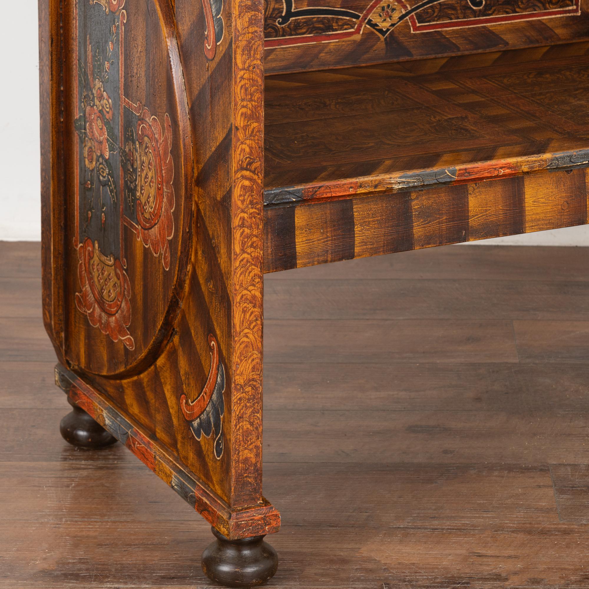 Folk Art Original Hand Painted Small Bench With High Back, Hungary circa 1860-80 For Sale