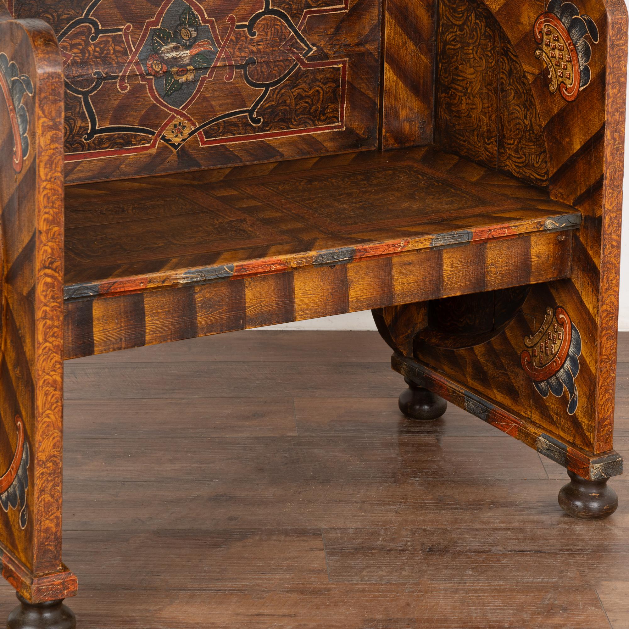 Hungarian Original Hand Painted Small Bench With High Back, Hungary circa 1860-80 For Sale