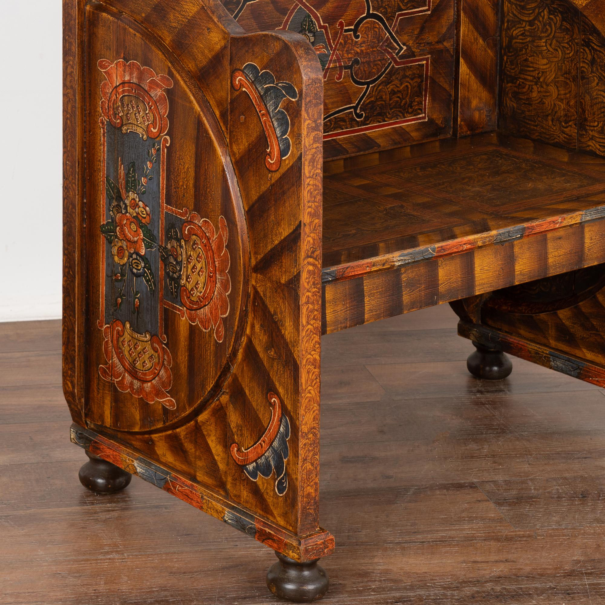 19th Century Original Hand Painted Small Bench With High Back, Hungary circa 1860-80 For Sale