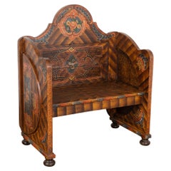 Antique Original Hand Painted Small Bench With High Back, Hungary circa 1860-80