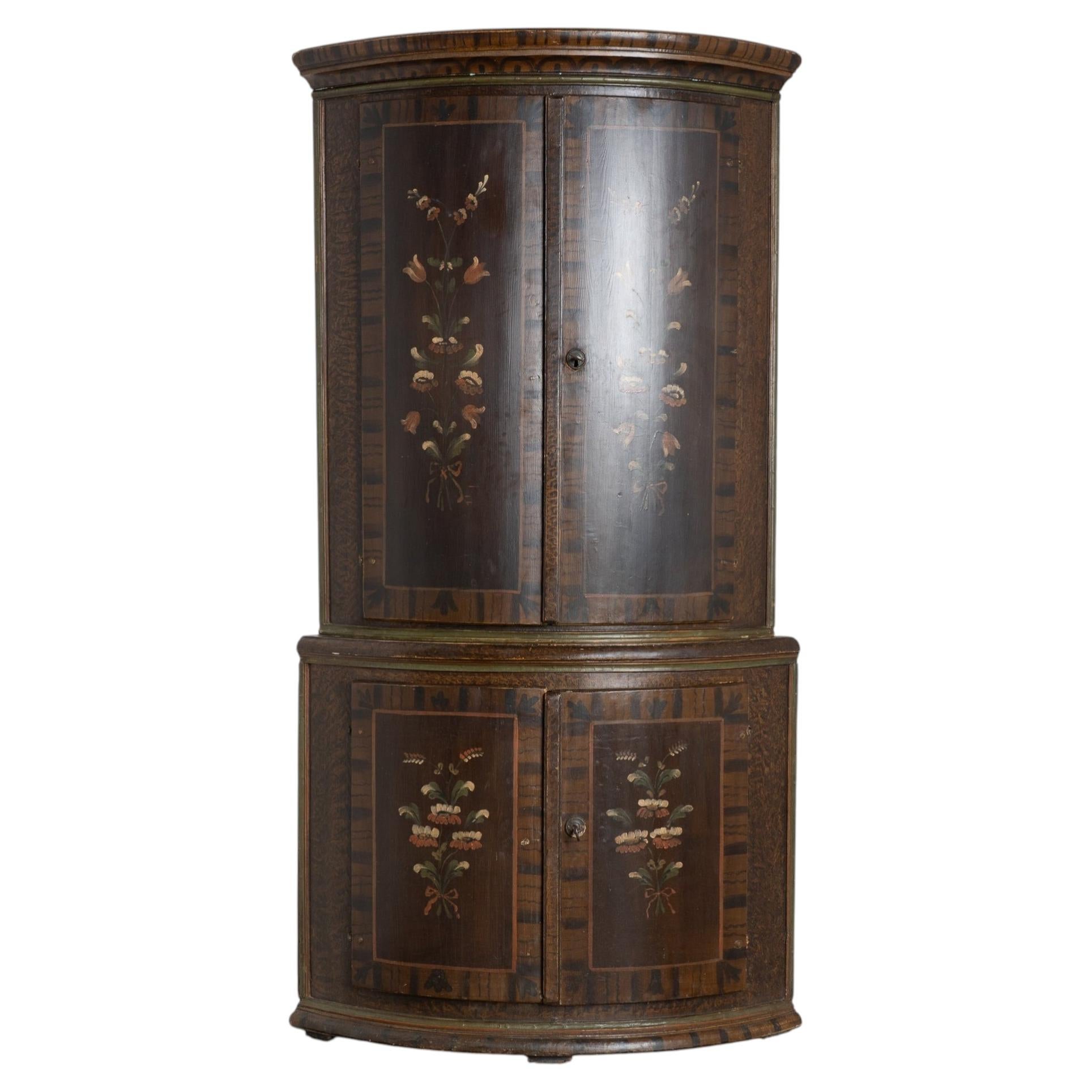 Original Hand-Painted Swedish Pine Bowfront Corner Cabinet, Dated 1846 For Sale