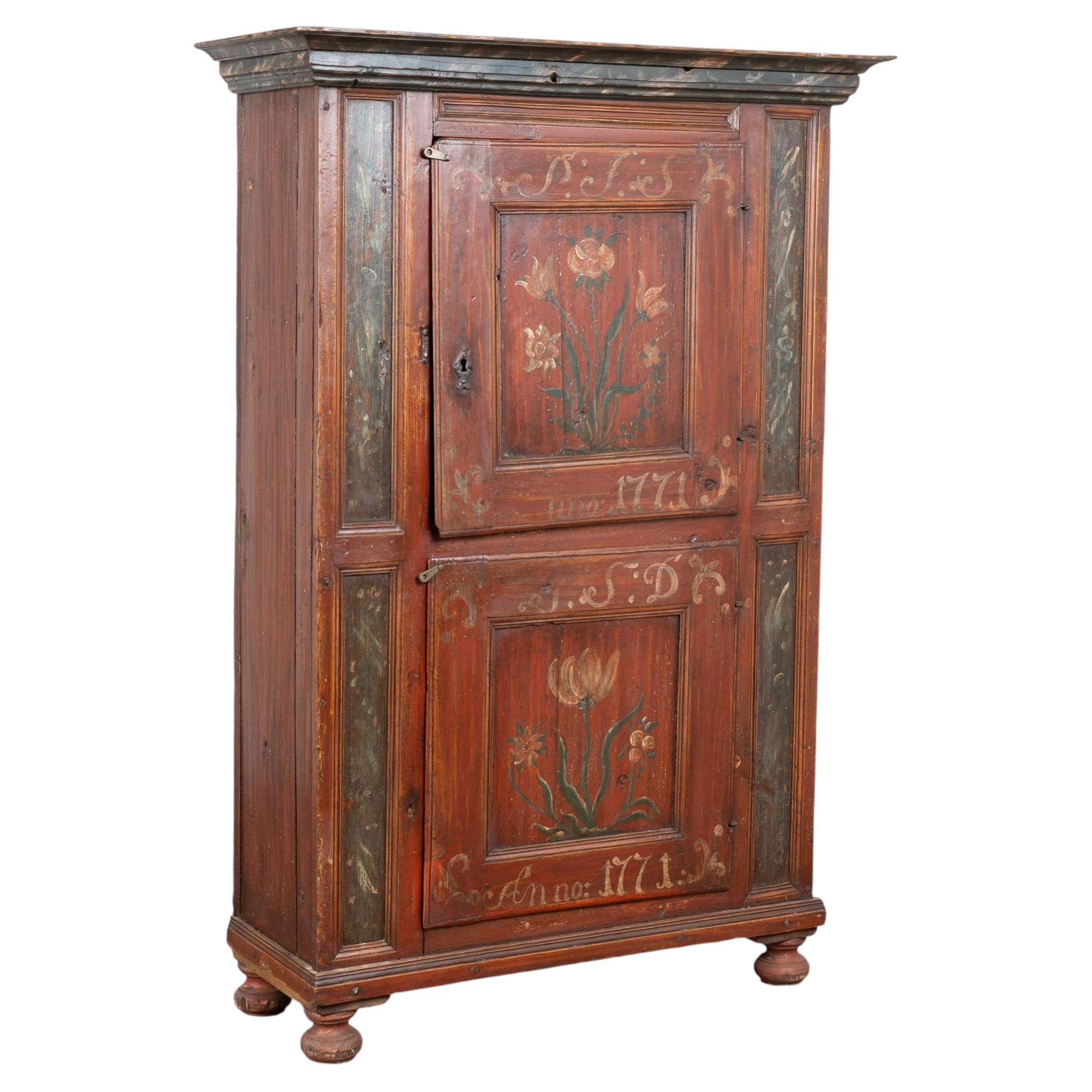 Original Hand Painted Swedish Pine Two Door Cupboard Cabinet Dated 1771 For Sale