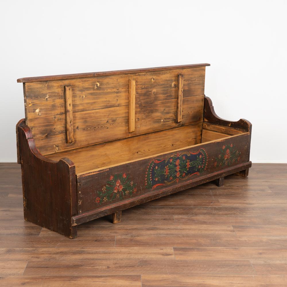 Romanian Original Hand Painted Vintage Folk Art Bench with Storage, Hungary, circa 1880