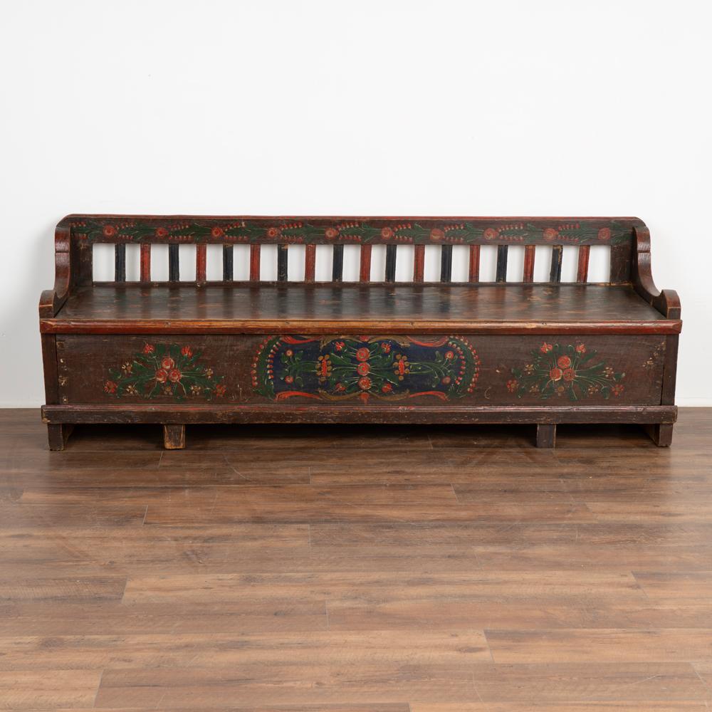 Original Hand Painted Vintage Folk Art Bench with Storage, Hungary, circa 1880 In Good Condition In Round Top, TX