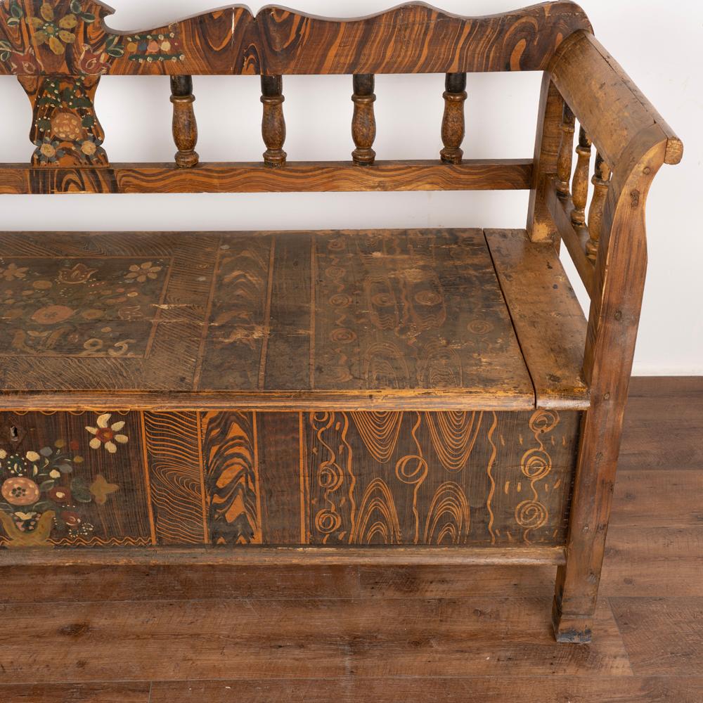 Original Hand Painted Vintage Folk Art Bench with Storage, Hungary Dated 1925 2