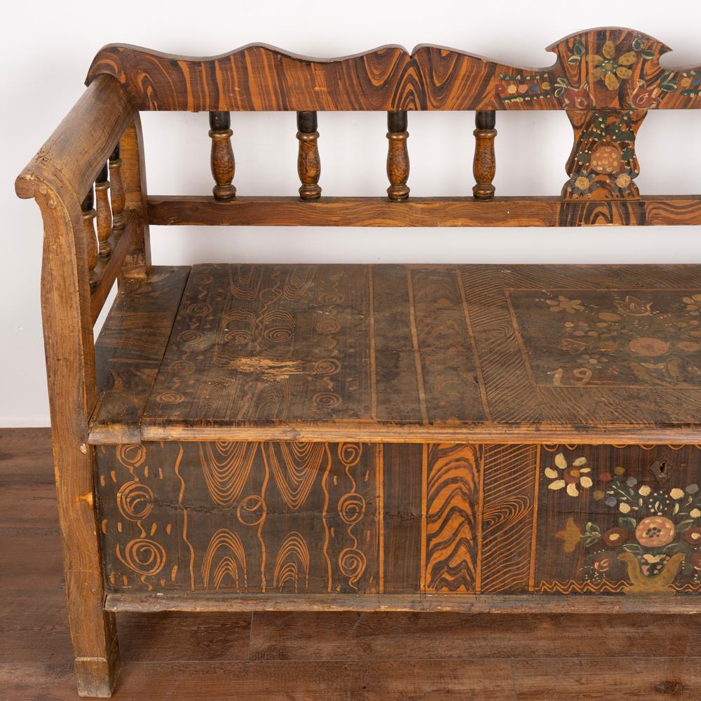 Original Hand Painted Vintage Folk Art Bench with Storage, Hungary Dated 1925 3