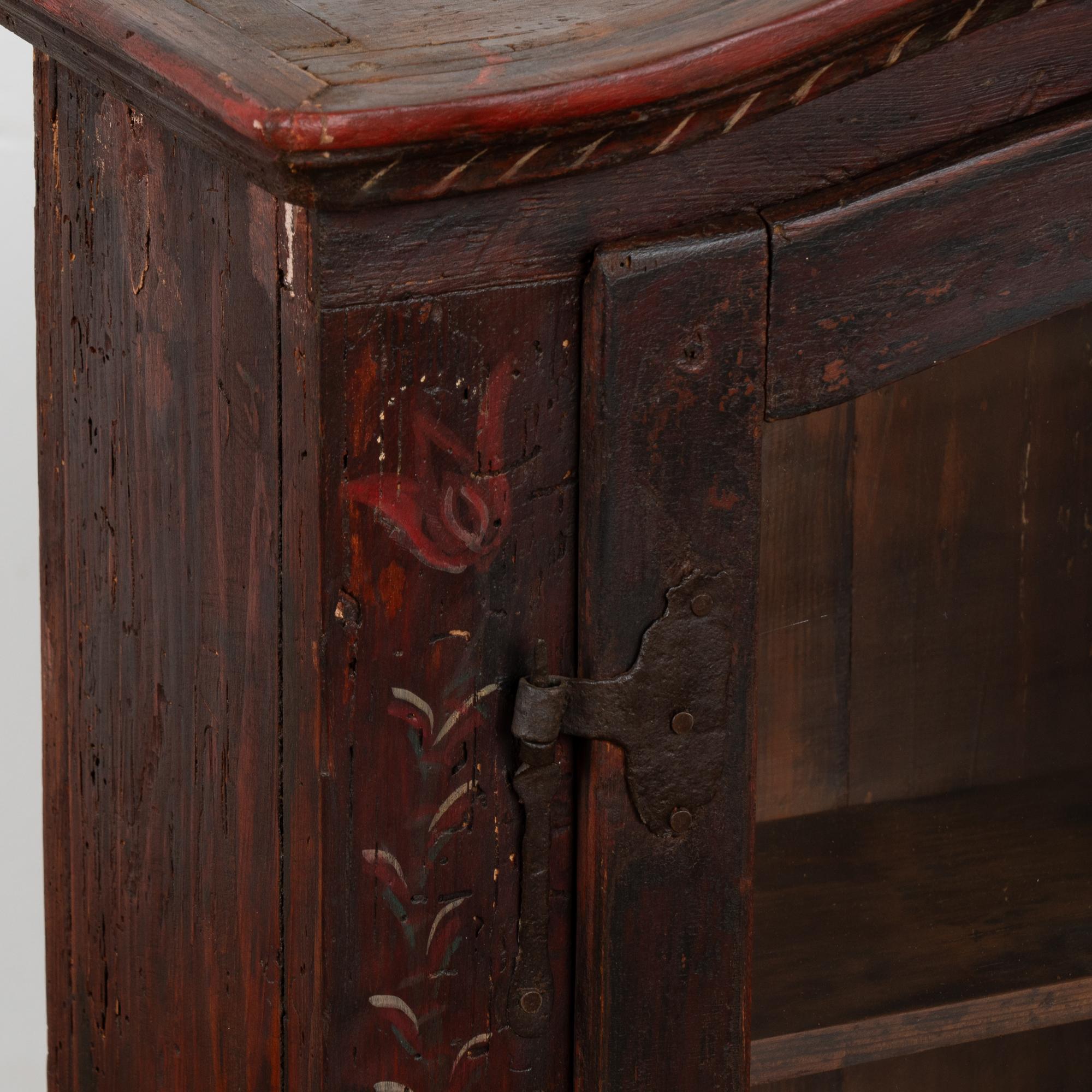 Folk Art Original Hand Painted Wall Hanging Cabinet with Glass Doors, Hungary circa 1870